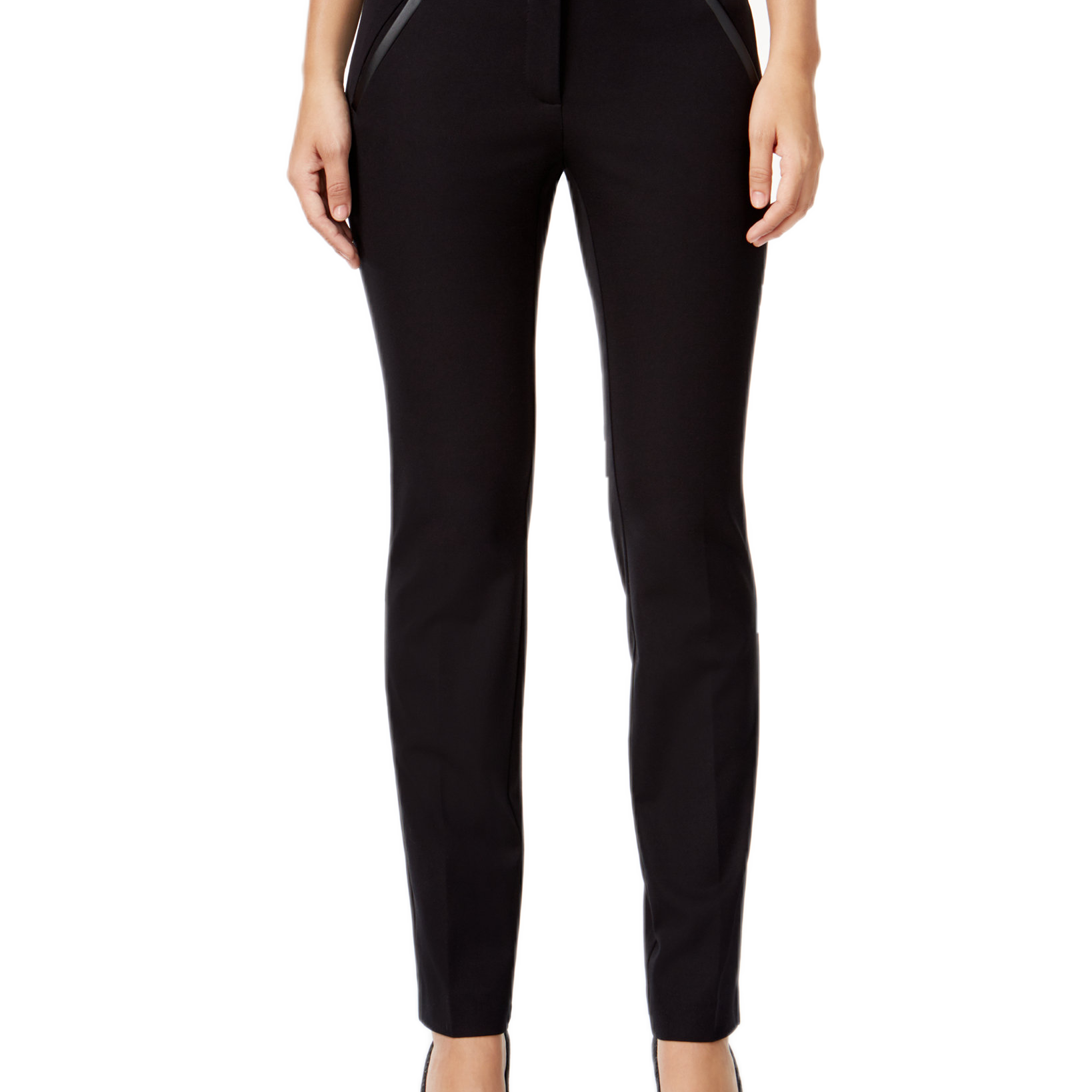 Alfani Women Petite Faux Leather Detail Pants Deep Black