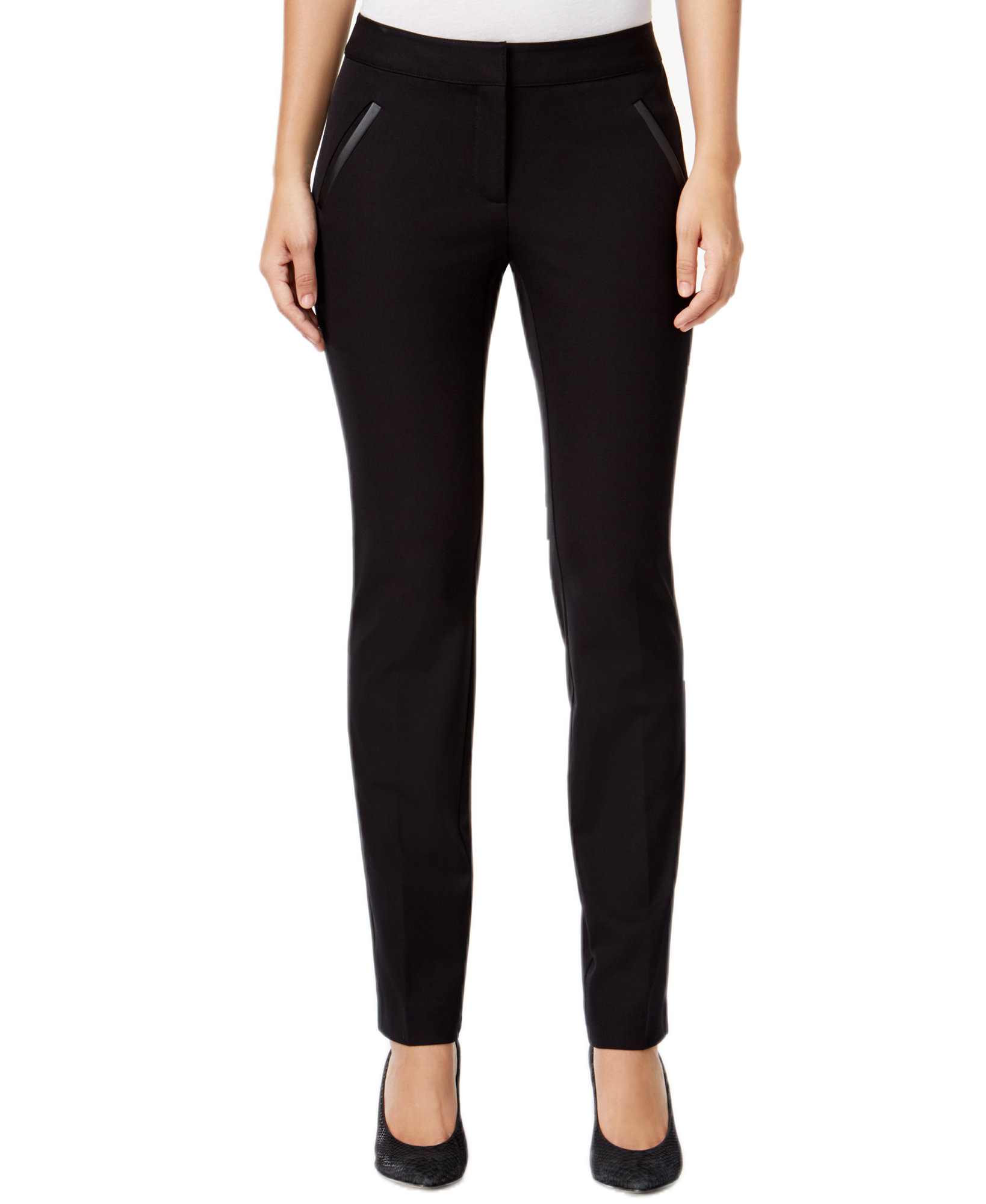 Alfani Women Petite Faux Leather Detail Pants Deep Black