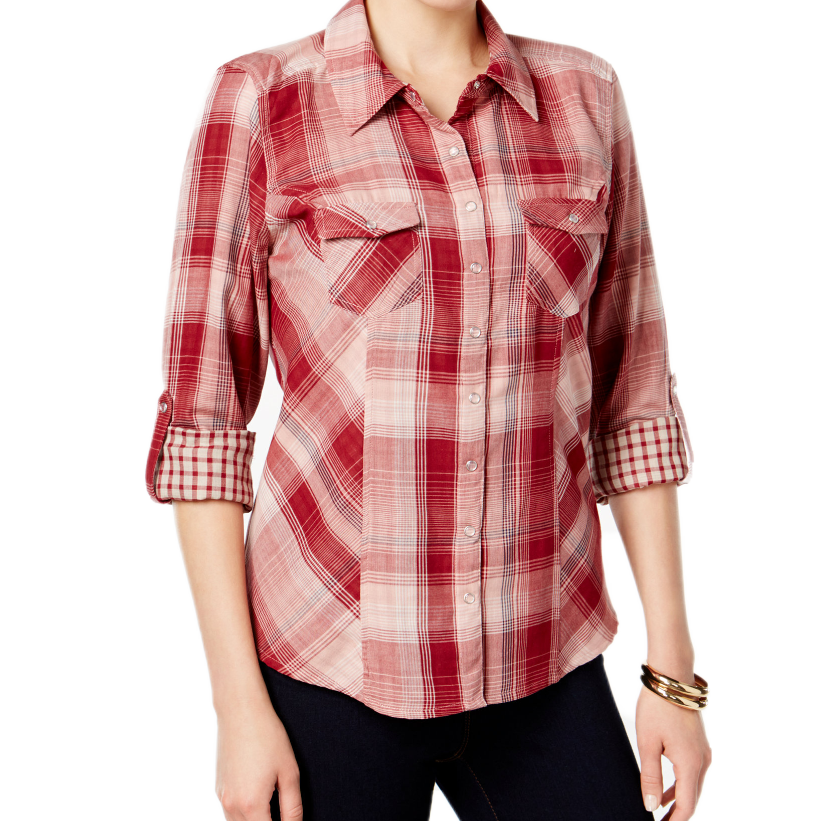 Style & Co. Women Style & Co. Plaid Utility Shirt Moon Plaid Red