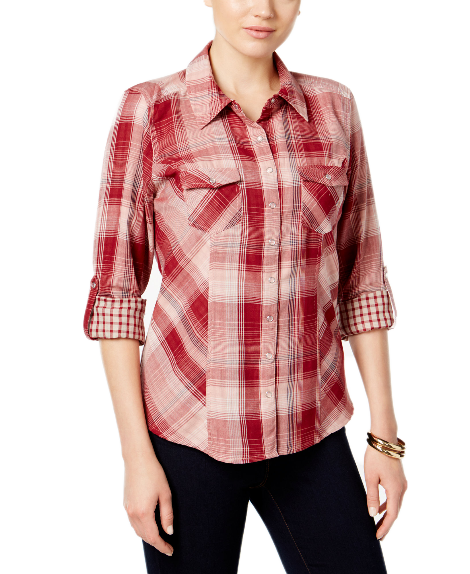 Style & Co. Women Style & Co. Plaid Utility Shirt Moon Plaid Red