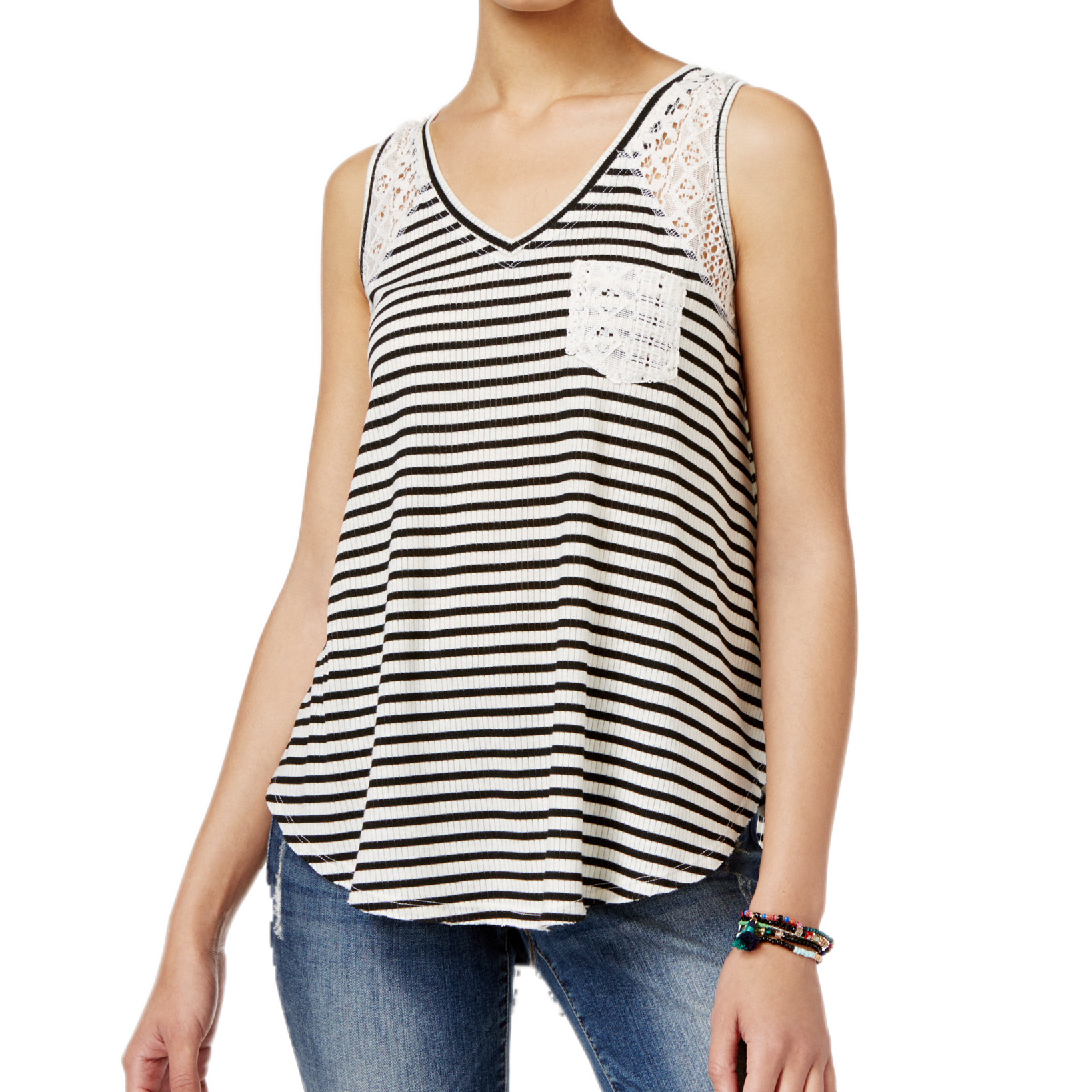 American Rag Women Striped Lace High Low Tank Top Classic Black Combo