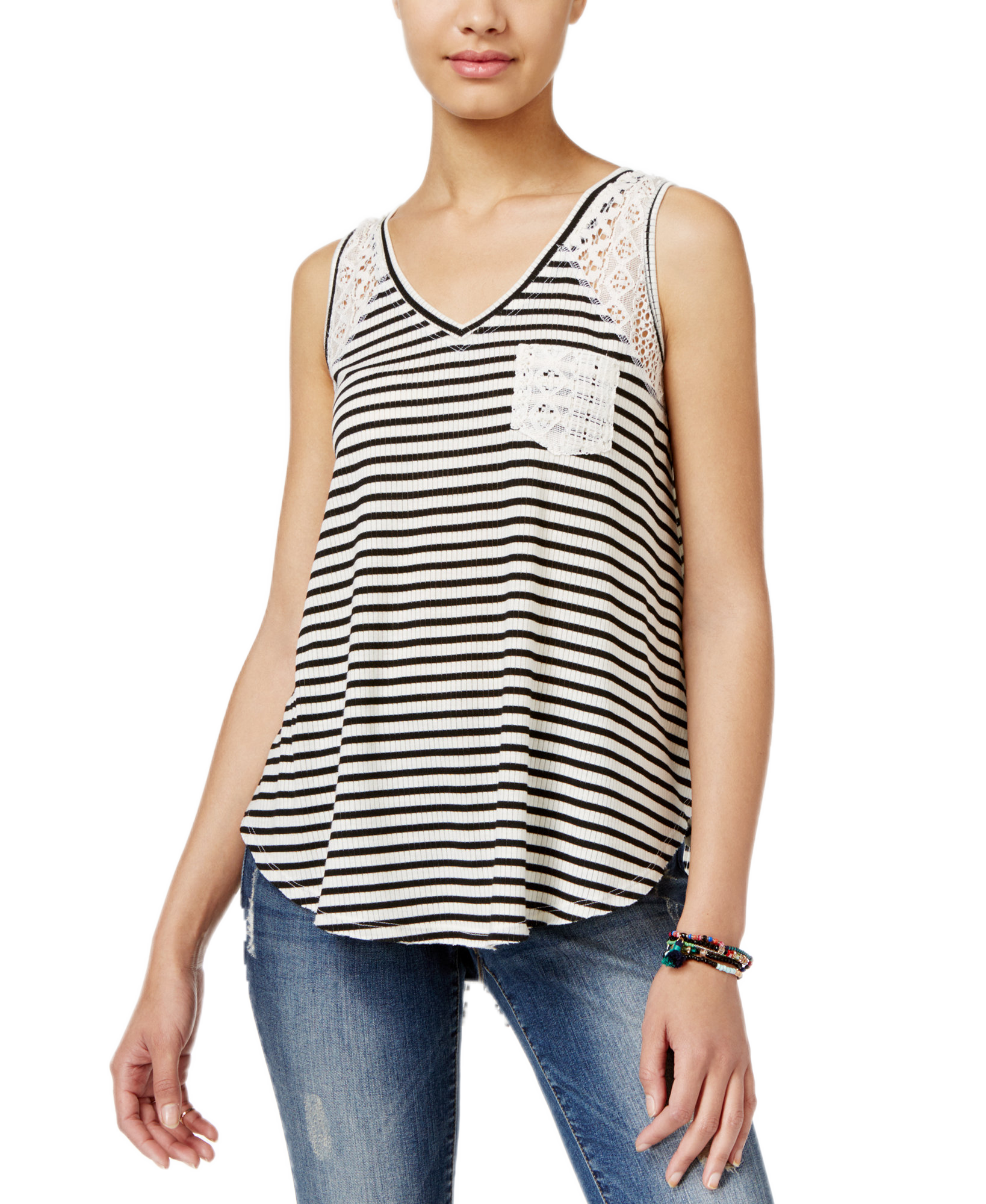 American Rag Women Striped Lace High Low Tank Top Classic Black Combo