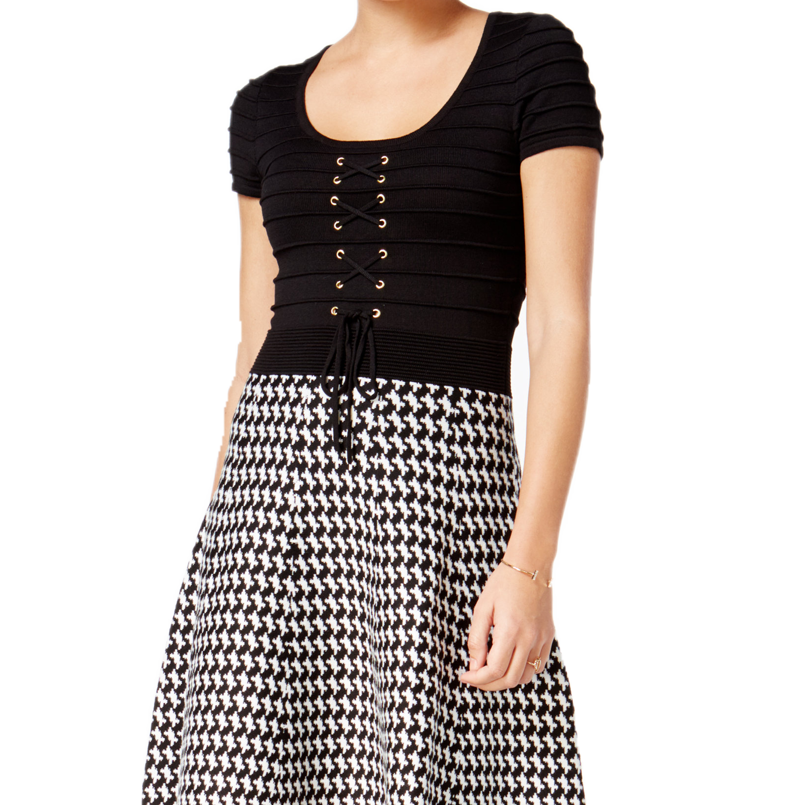 XOXO Women Lace Up Printed Fit & Flare Sweater Dress Black Multi