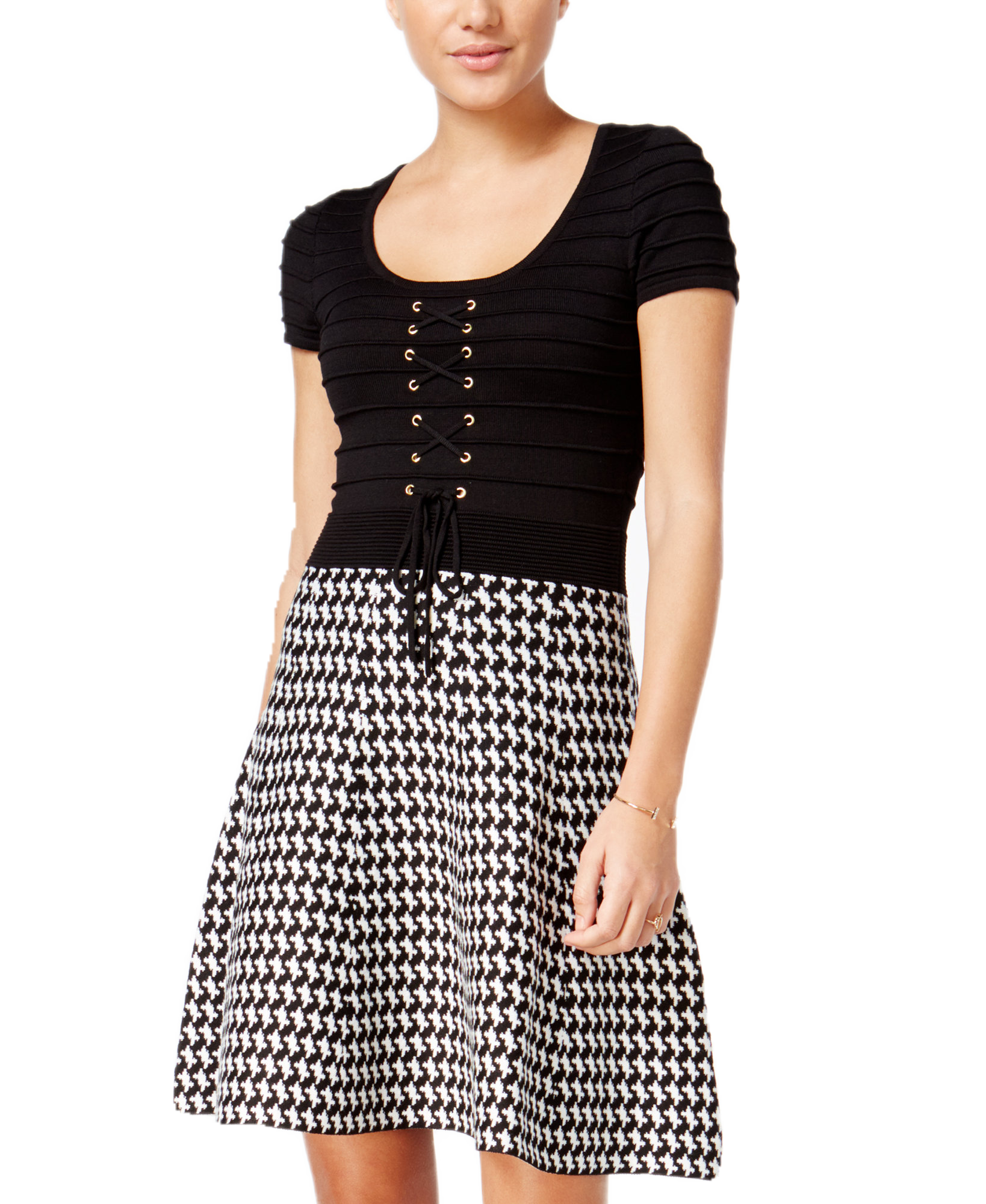 XOXO Women Lace Up Printed Fit & Flare Sweater Dress Black Multi