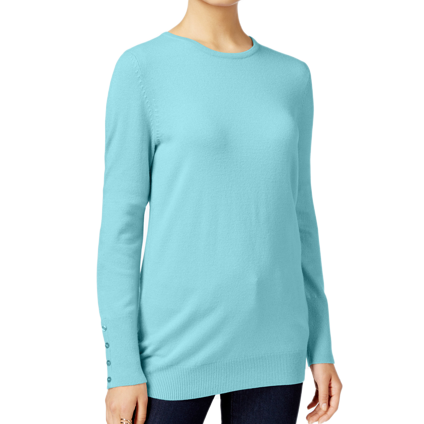 JM Collection Women Crew Neck Button Cuff Sweater Angel Blue