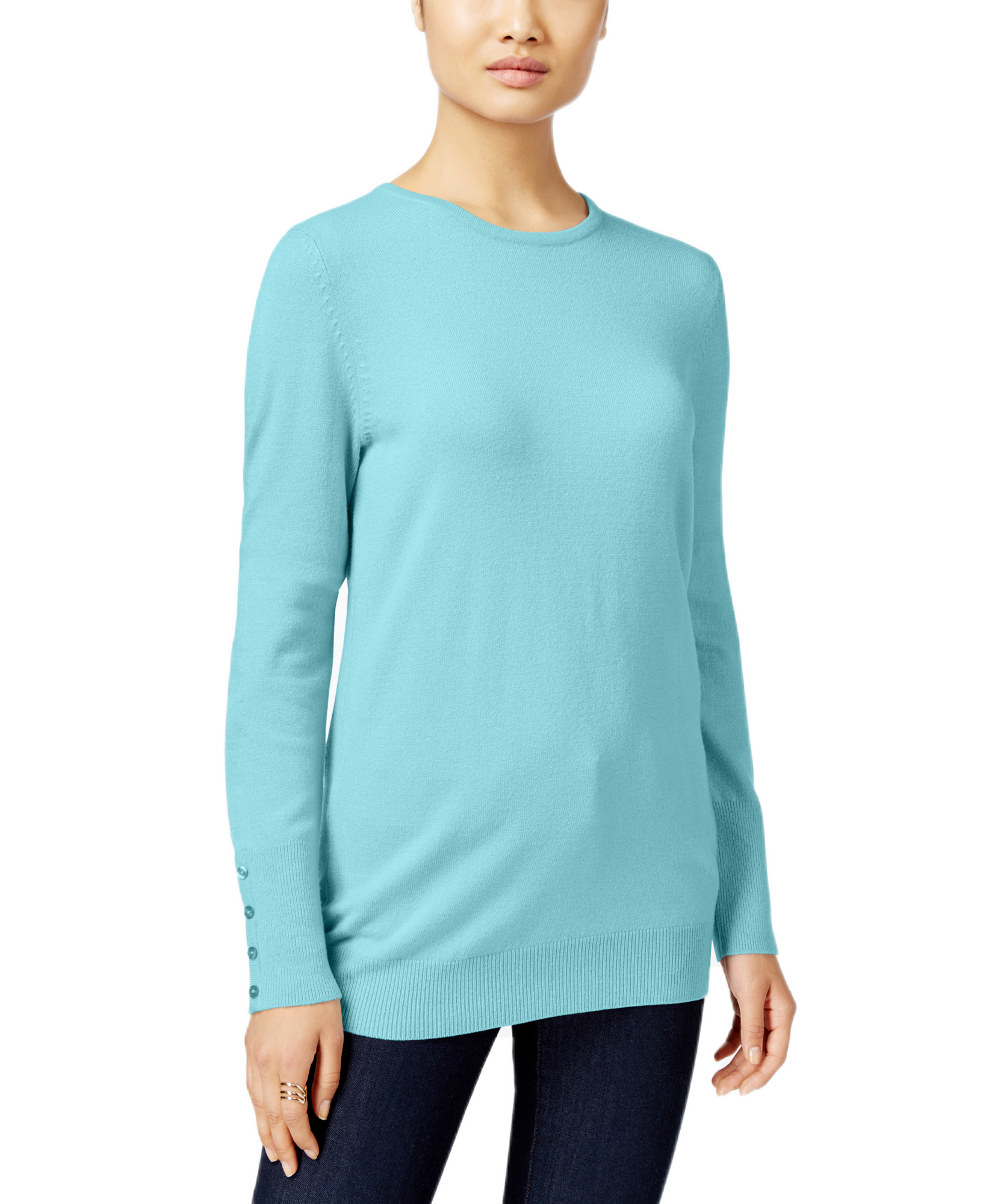 JM Collection Women Crew Neck Button Cuff Sweater Angel Blue