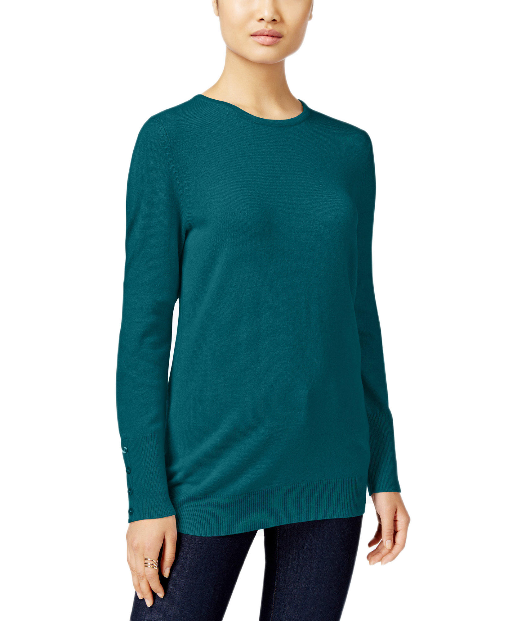 JM Collection Women Petite Crew Neck Sweater Teal Abyss