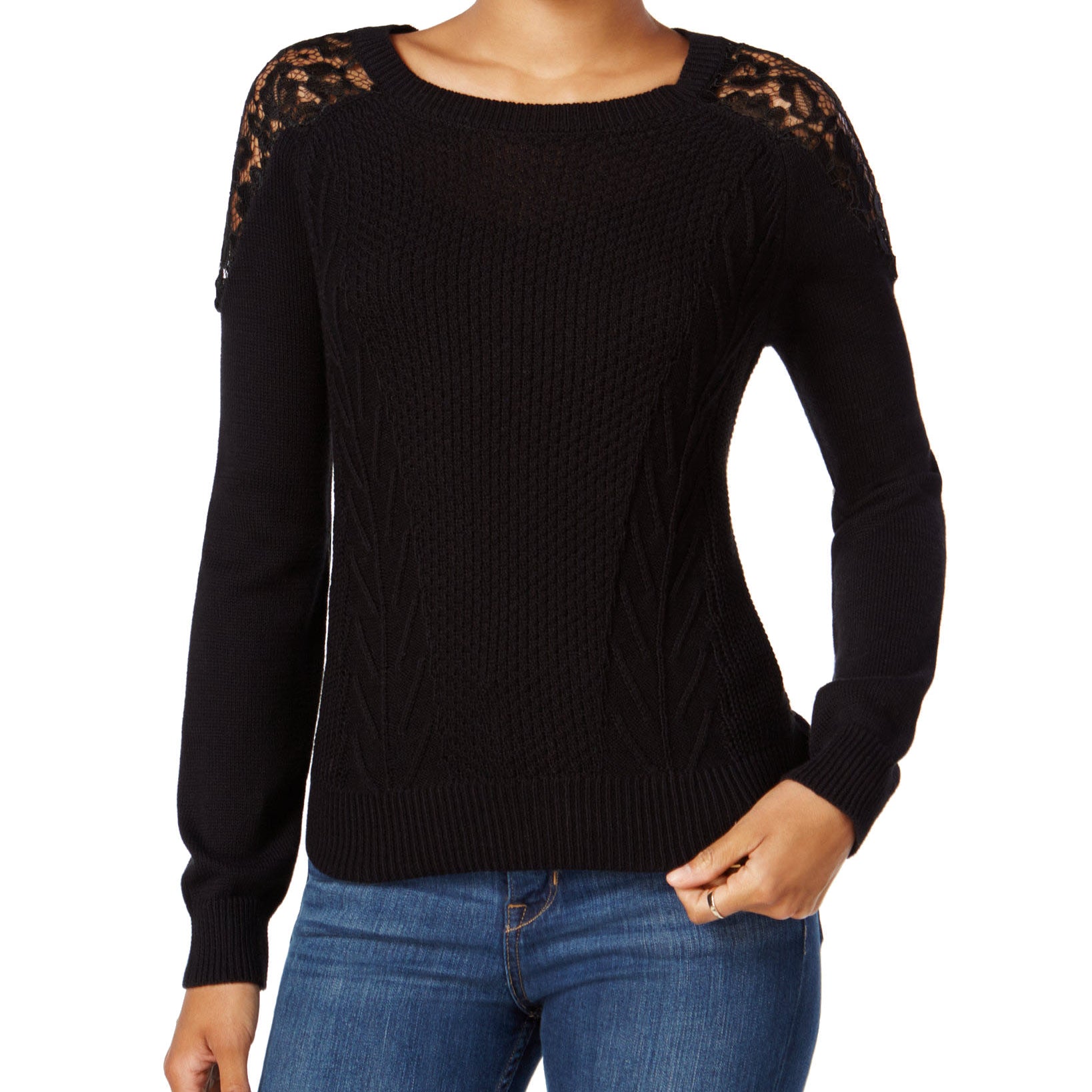 Maison Jules Women Crochet Lace Sweater Deep Black