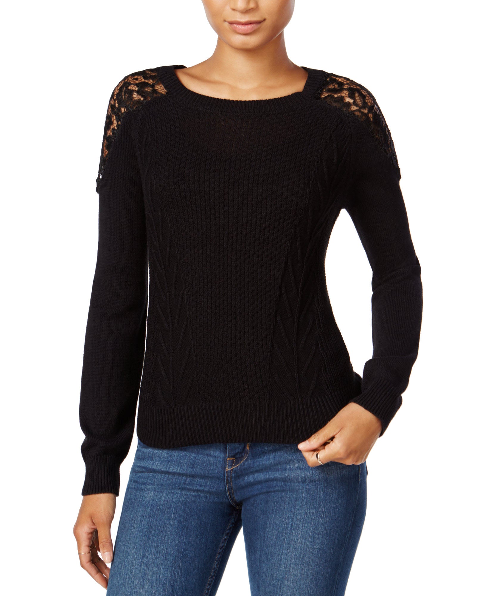 Maison Jules Women Crochet Lace Sweater Deep Black