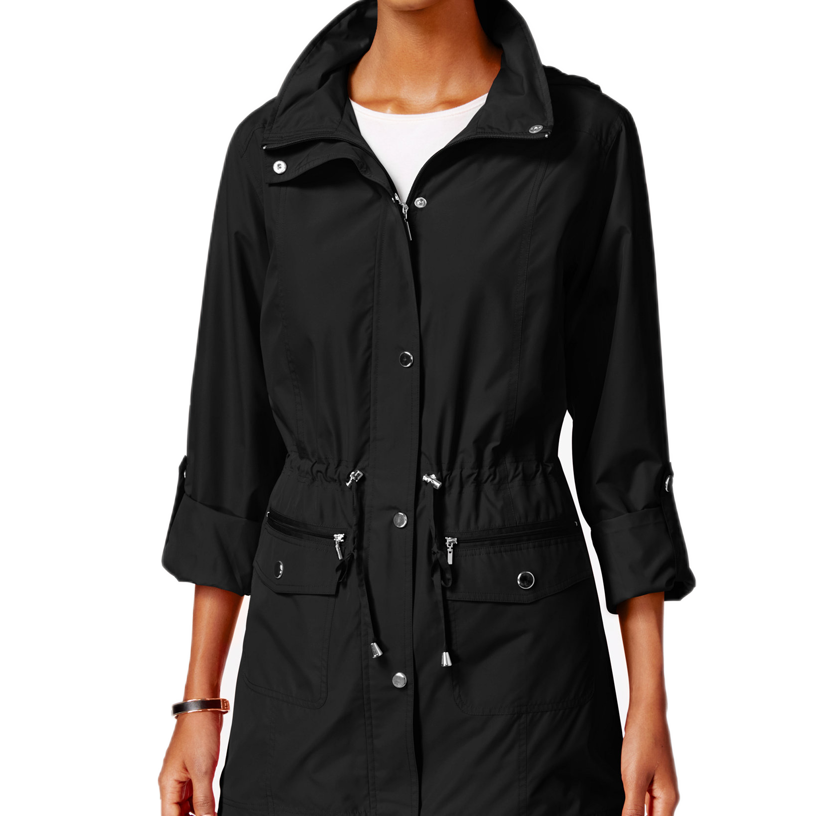 Style & Co Women Hooded Roll Tab Sleeve Anorak Jacket Deep Black