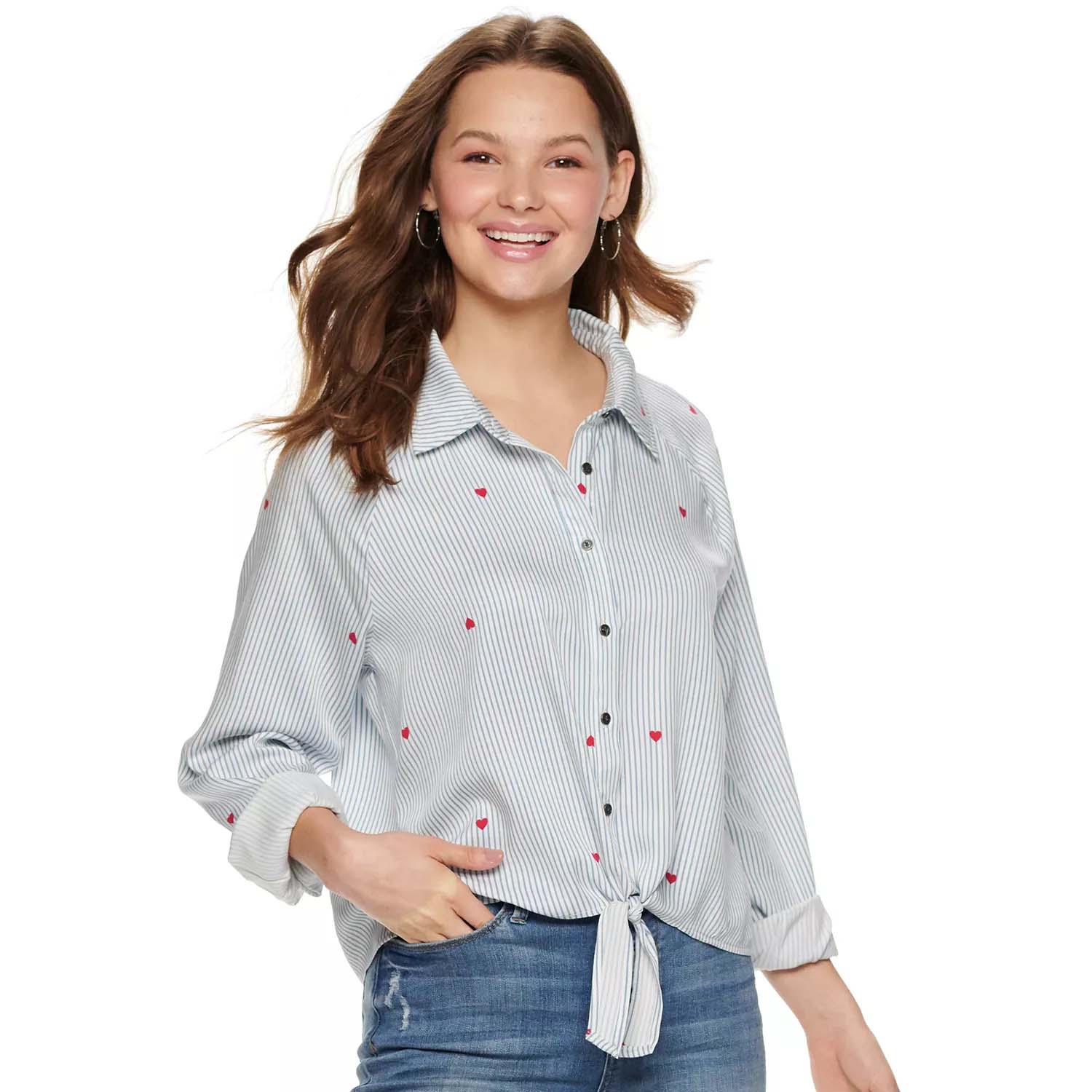Love, Fire Juniors Long Sleeve Knotted Front Button Down Shirt Heart Conversational