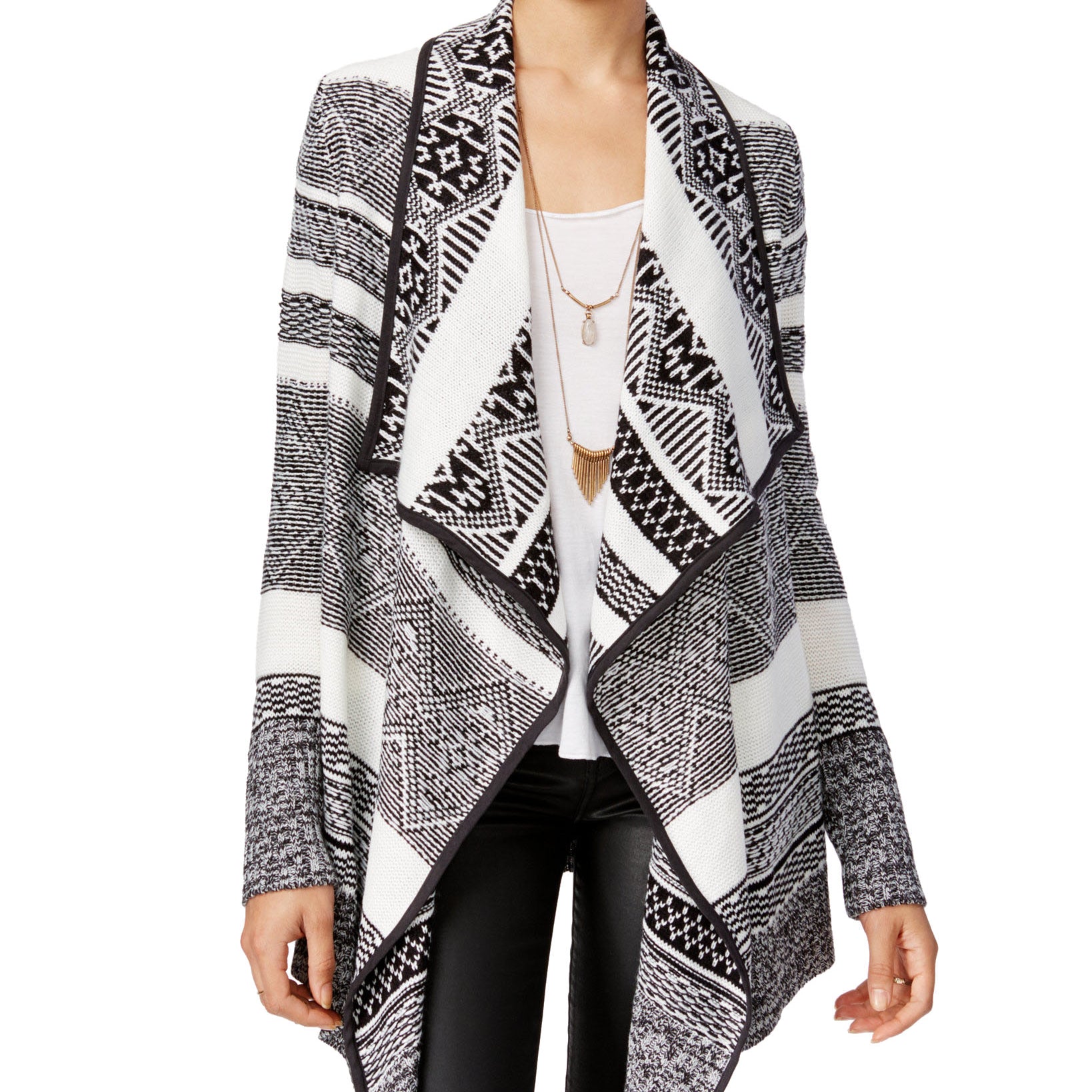 OhMG! Women Draped Aztec Pattern Cardigan White Black