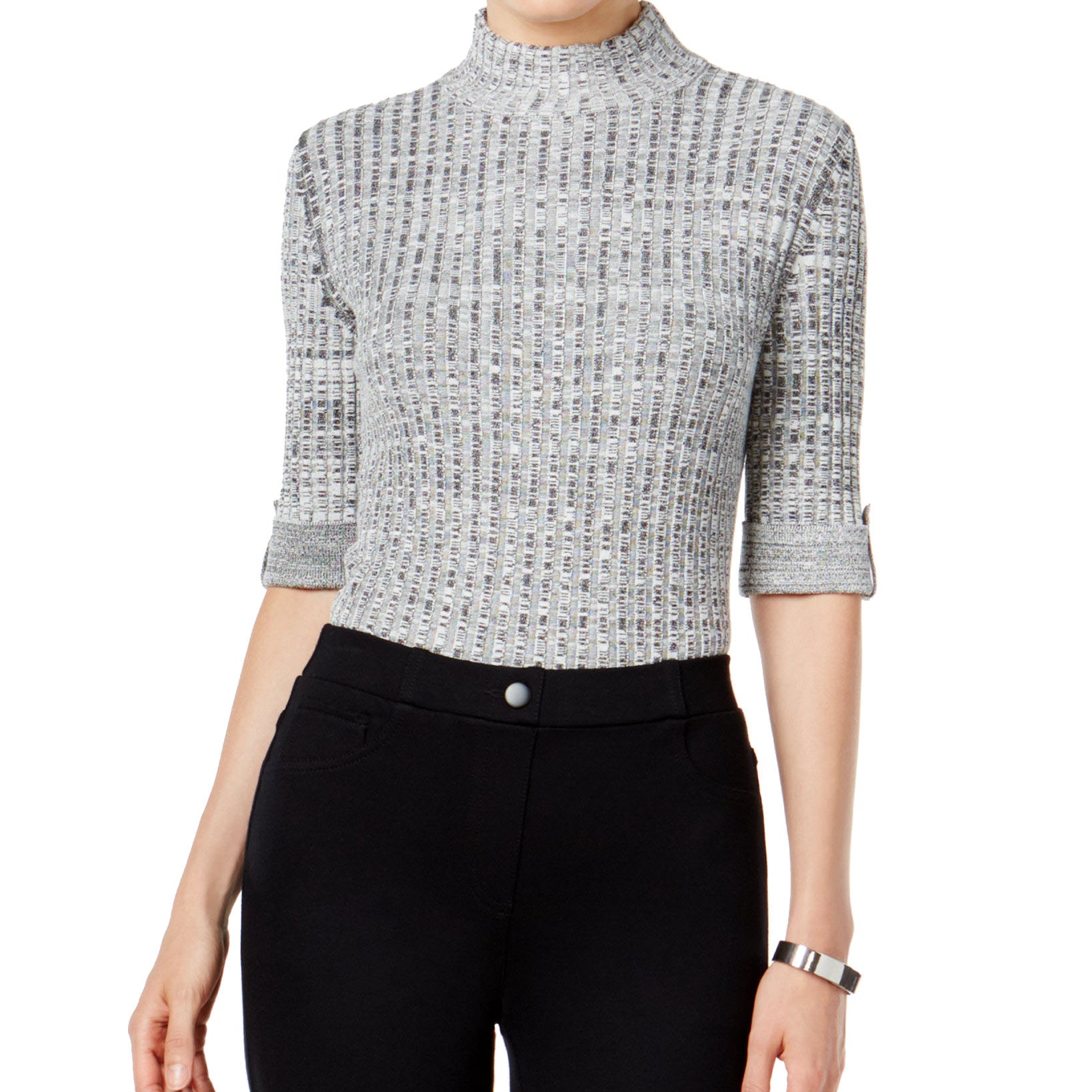Style & Co Women Marled Mock Neck Sweater Deep Black White