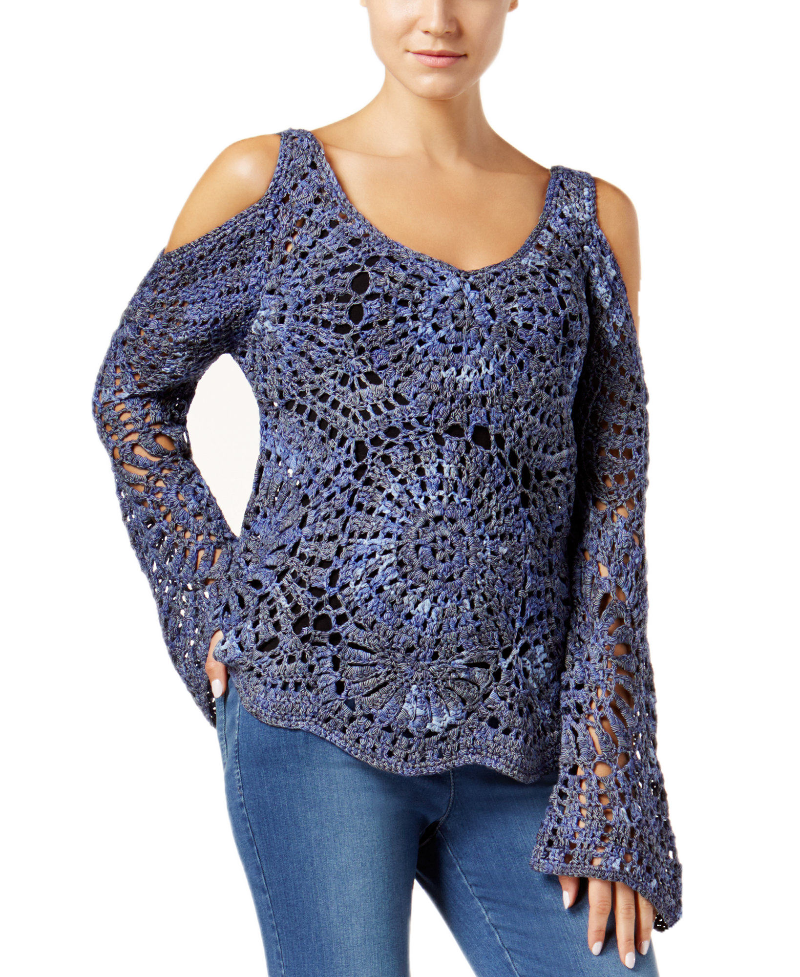 INC International Concepts Women Cold Shoulder Crocheted Sweater Deep Twilight
