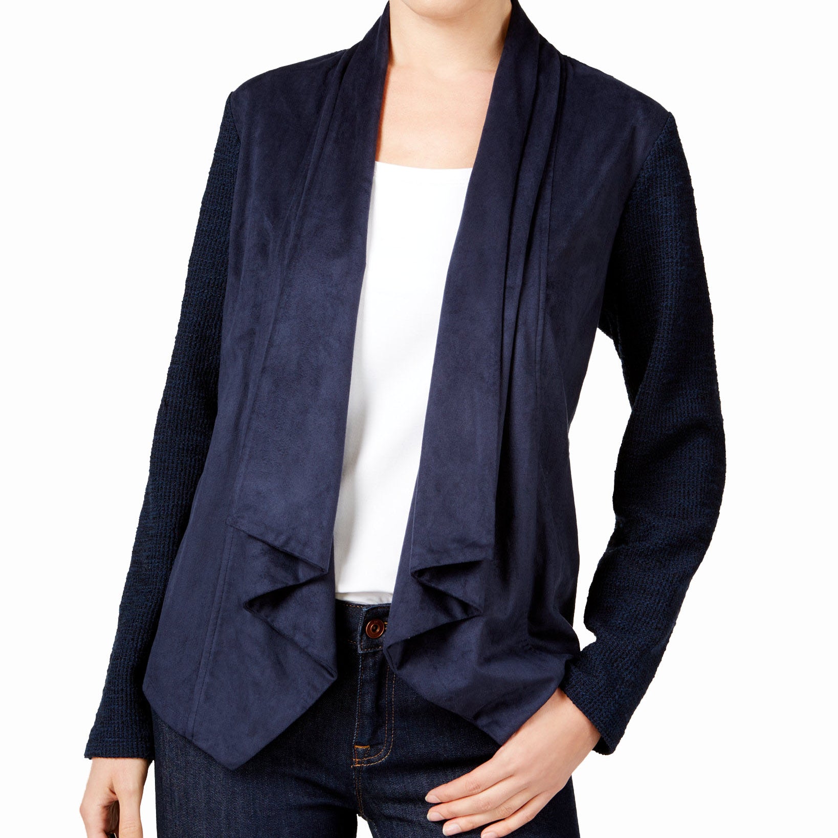 Style & Co Women Mixed Media Draped Jacket Industrial Blue