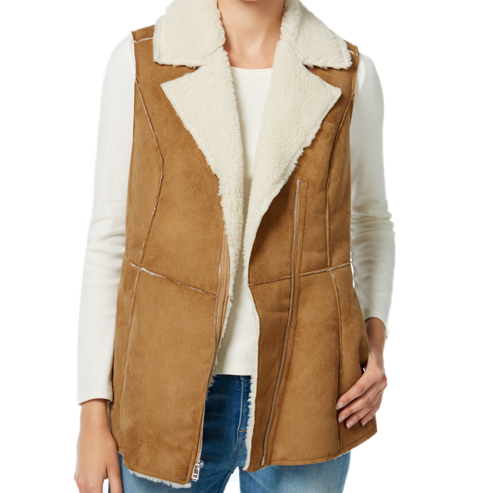 Wildflower Women Faux Shearling Moto Vest Camel