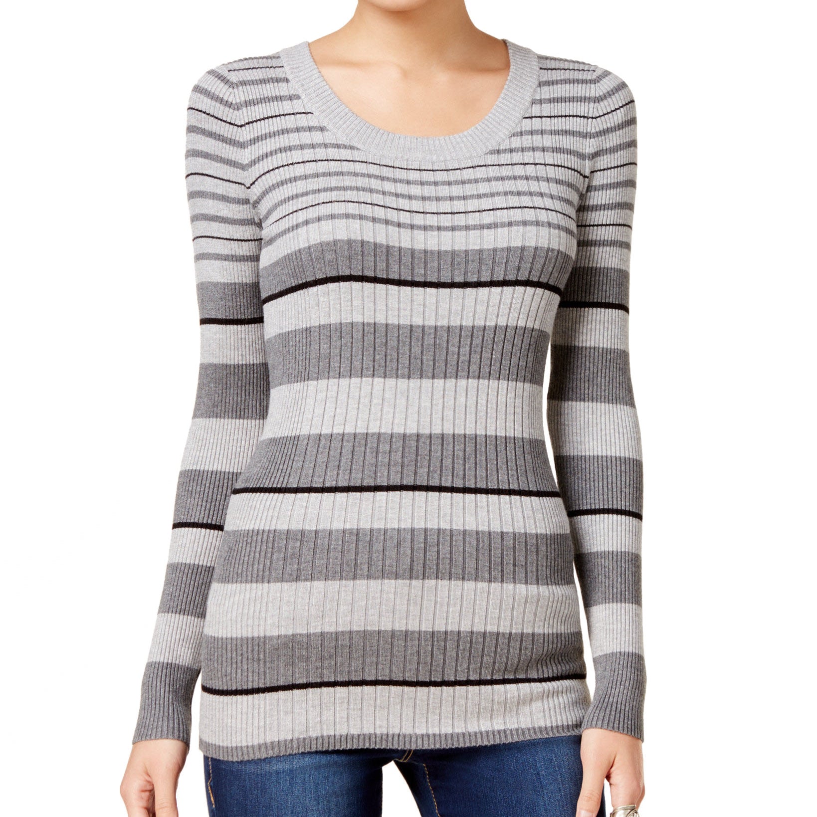 Pink Rose Women Striped Scoop Neck Fine Gauge Sweater Medium Heather Grey Black