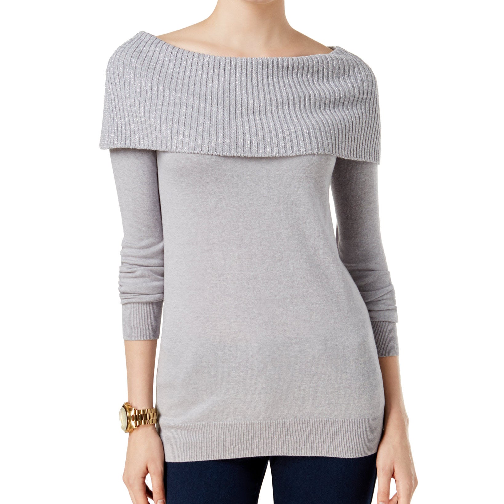 MICHAEL Michael Kors Women Petite Off The Shoulder Sweater Pearl Heather