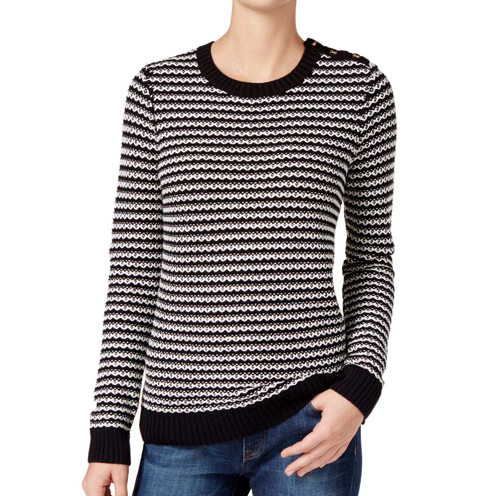 Charter Club Women Petite Striped Sweater Deep Black Combo