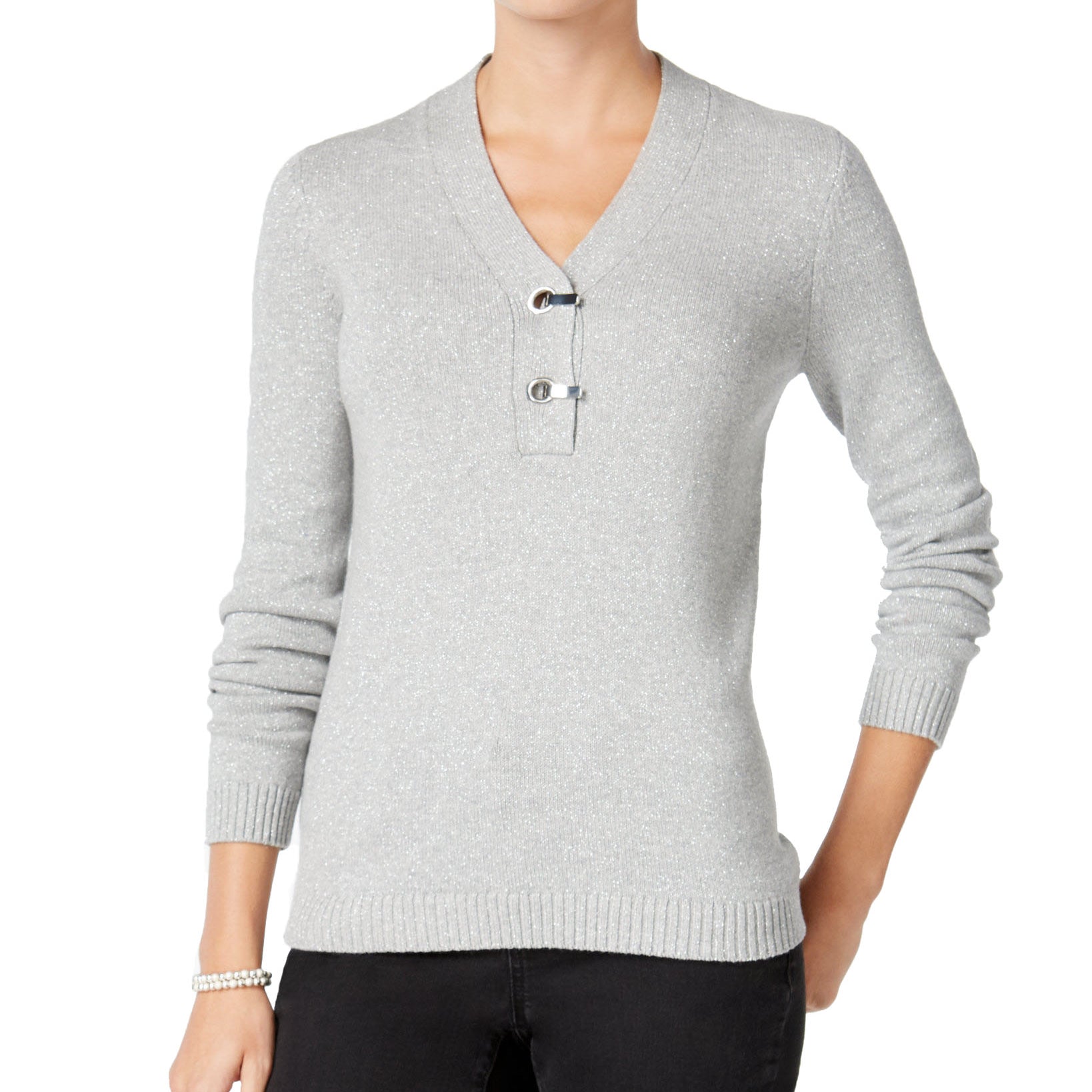 Charter Club Women Metallic Henley Sweater Heather Platinum Combo
