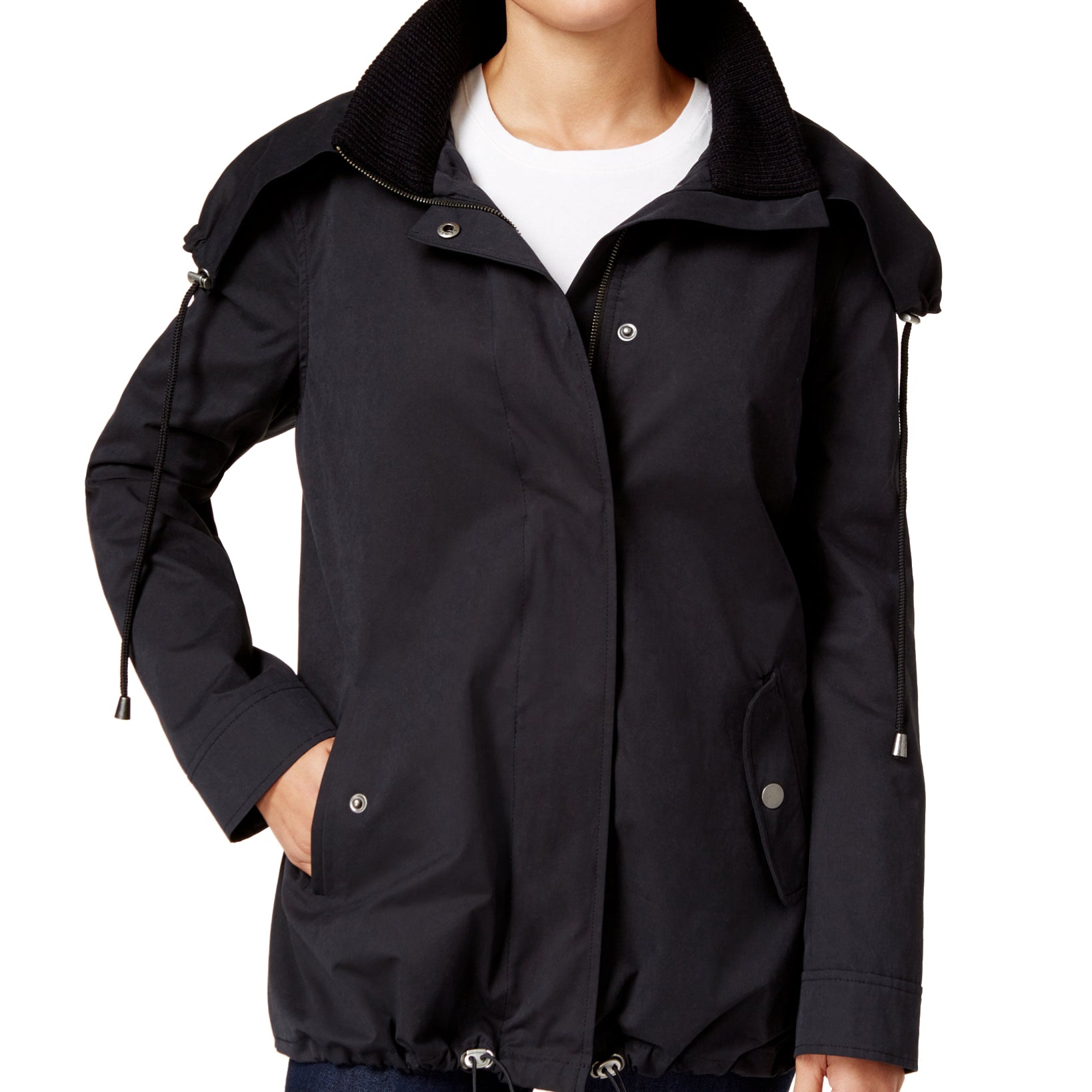 Style & Co Women Hooded Twill Jacket Deep Black