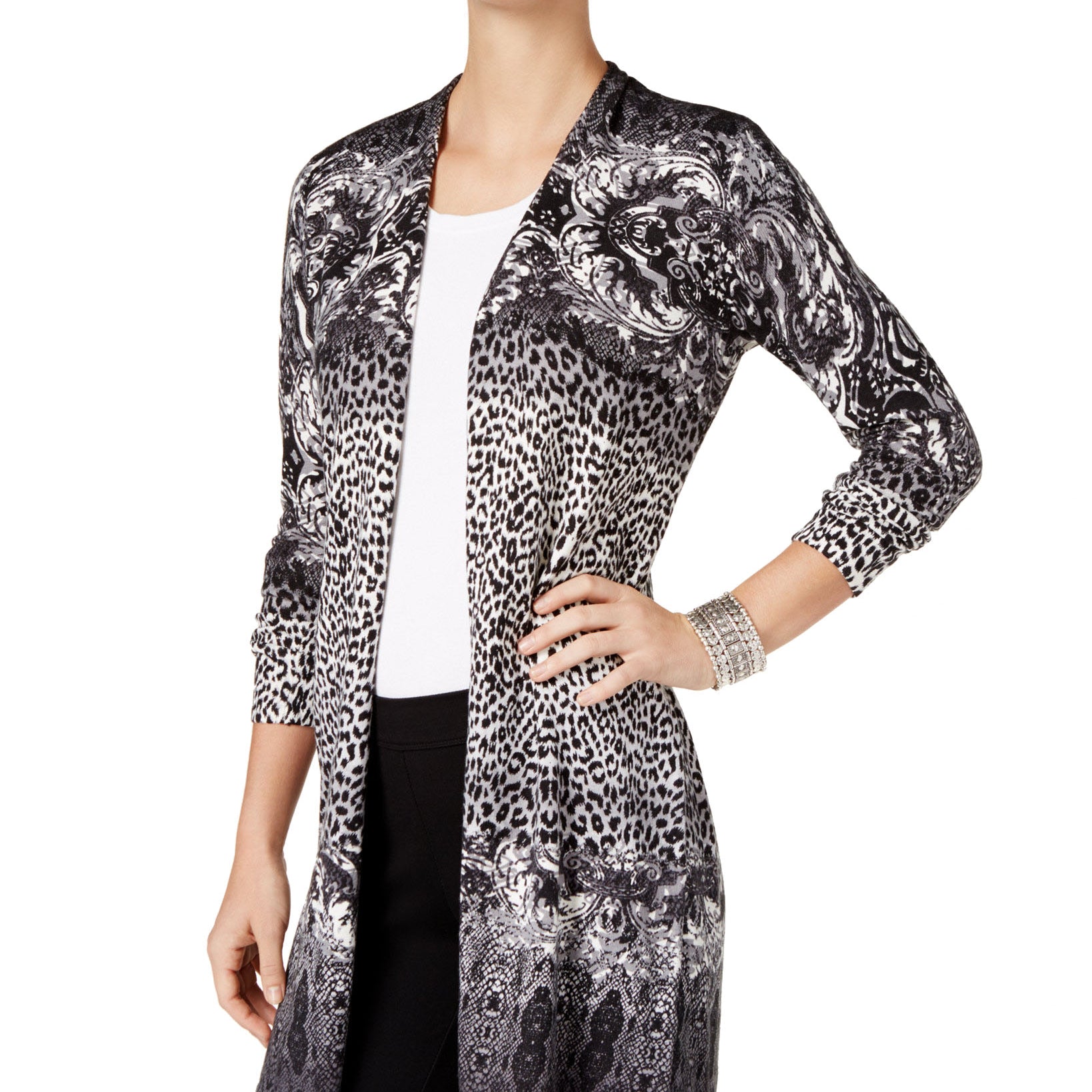 JM Collection Women Petite Printed Duster Cardigan Jungle Morph