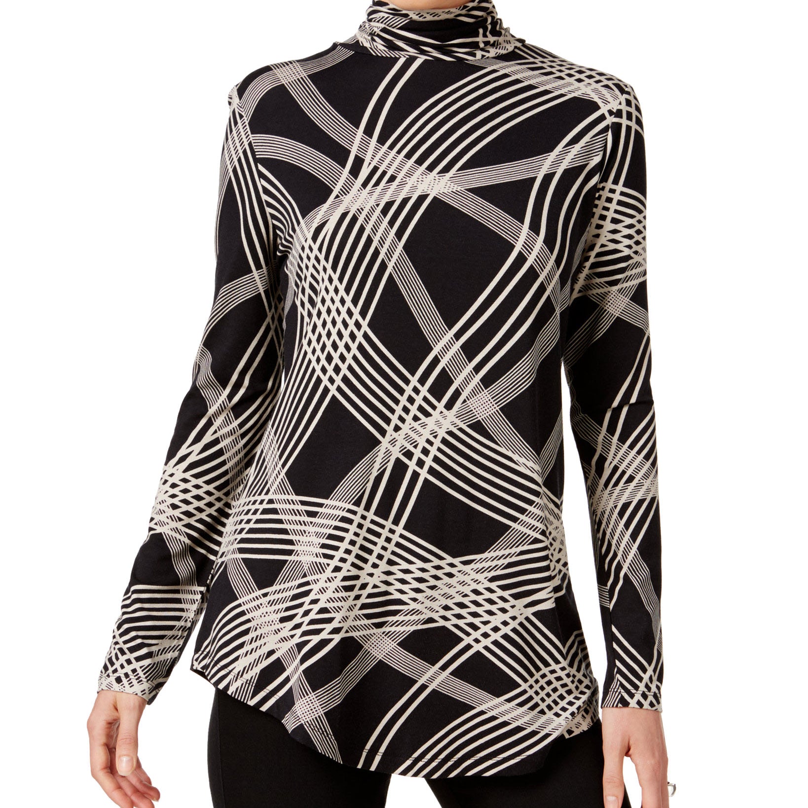 JM Collection Women Striped Turtleneck Top Black Ribbon