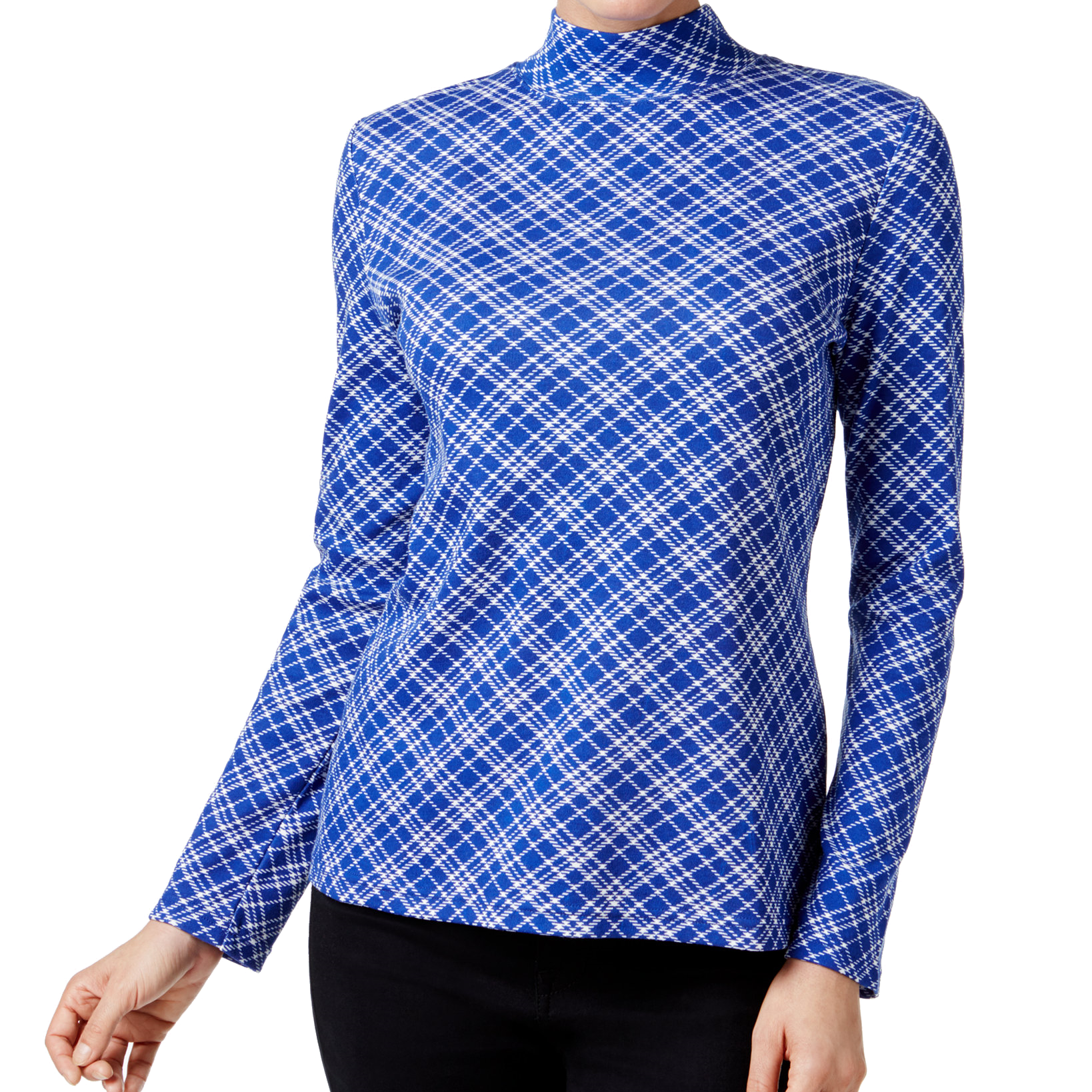 Karen Scott Women Plaid Mock Neck Top Bright Blue