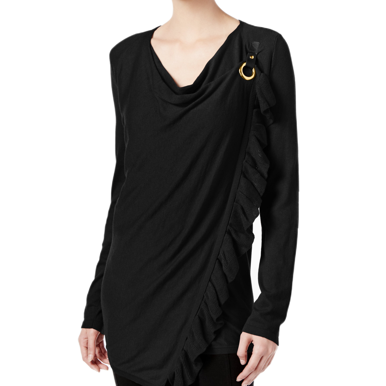 INC International Concepts Women Petite Ruffled Draped Sweater Black