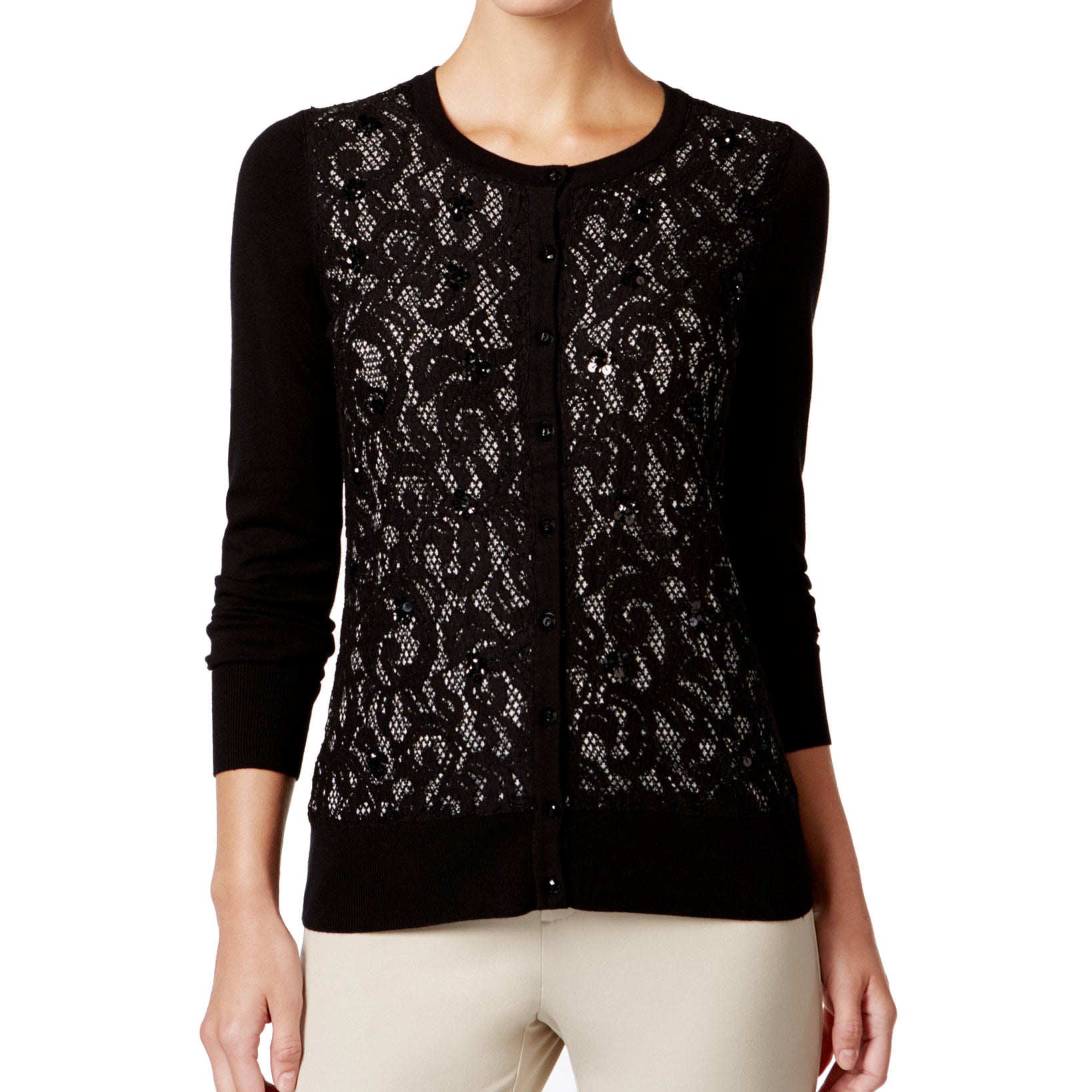 Charter Club Women Sequined Lace Cardigan Deep Black Combo