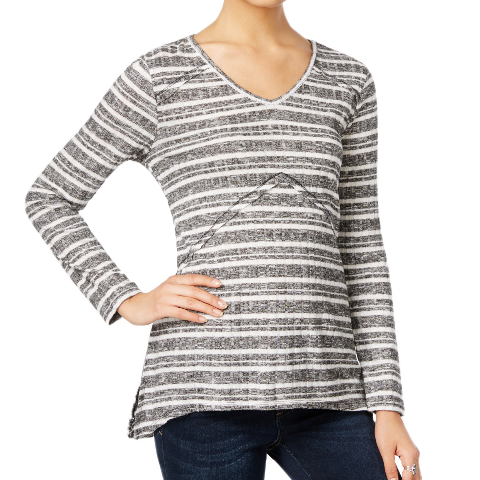 Style & Co Women Petite Ribbed Striped High Low Top Black Ivory Combo