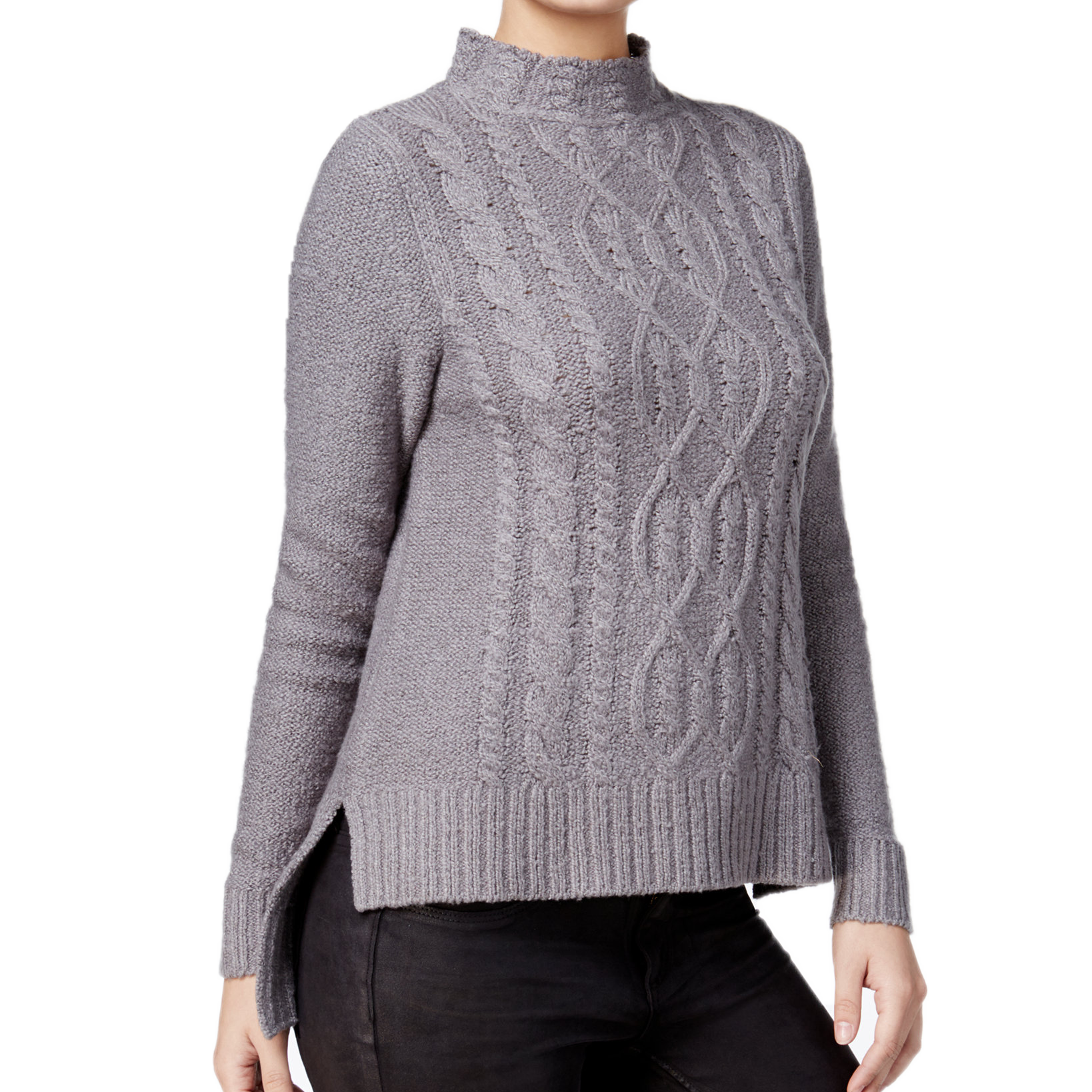 Kensie Women High Low Cable Knit Sweater Titanium