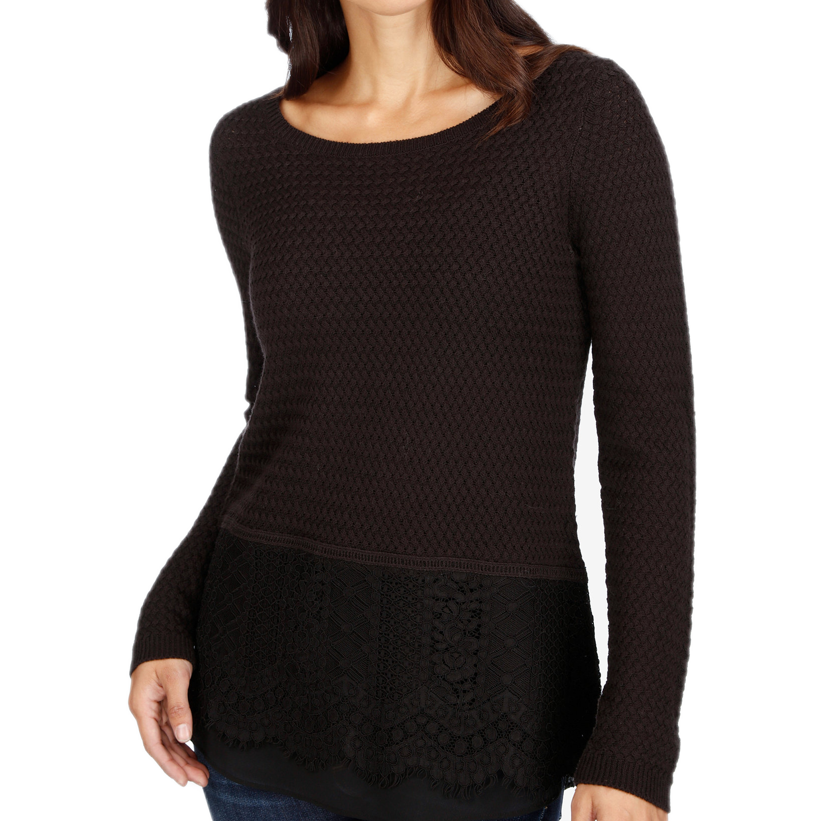 Lucky Brand Women Lace Trim Sweater Jet Black