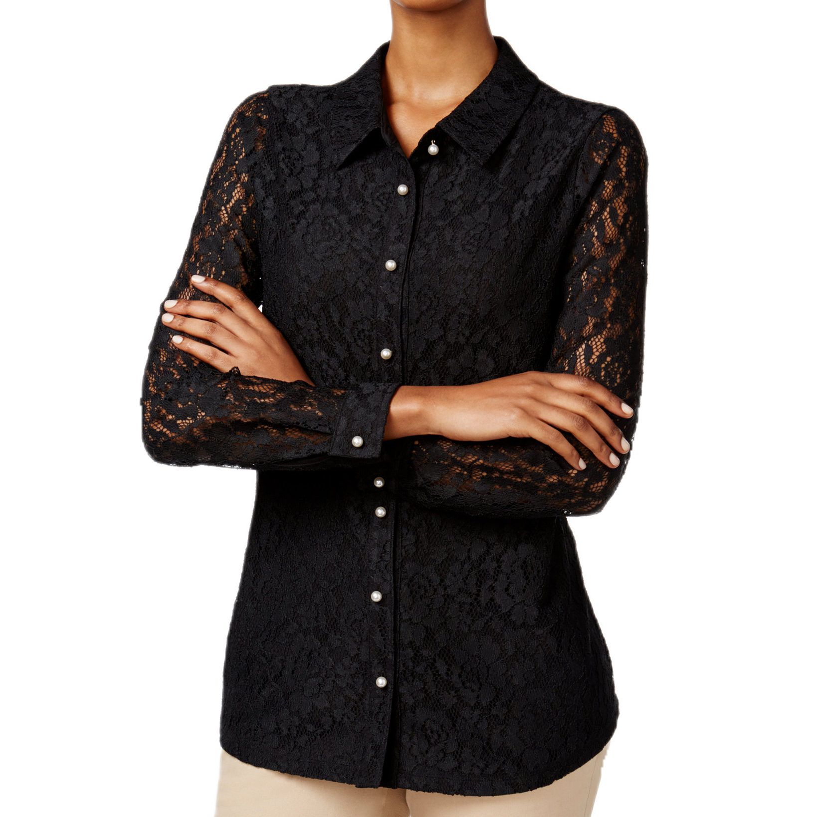 Charter Club Women Lace Shirt Deep Black