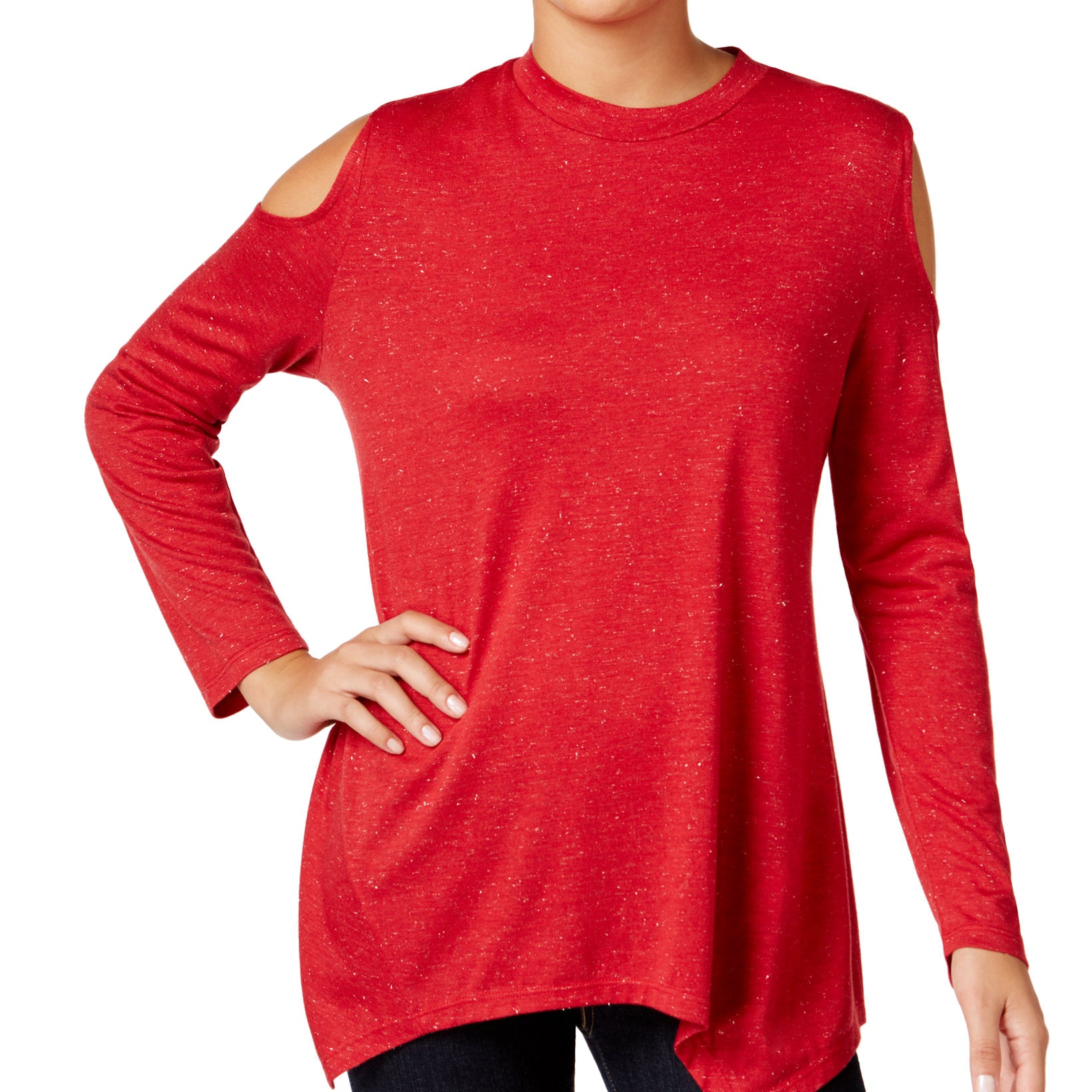 Style & Co Women Metallic Cold Shoulder Top New Red Amore