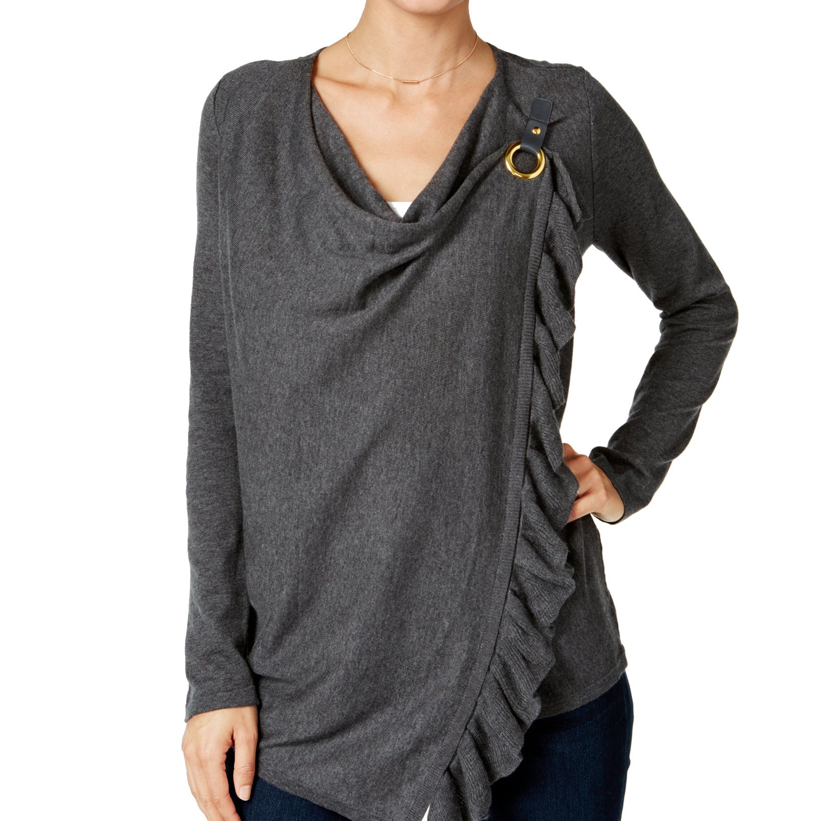 INC International Concepts Women Petite Ruffled Draped Sweater Med Heather Grey