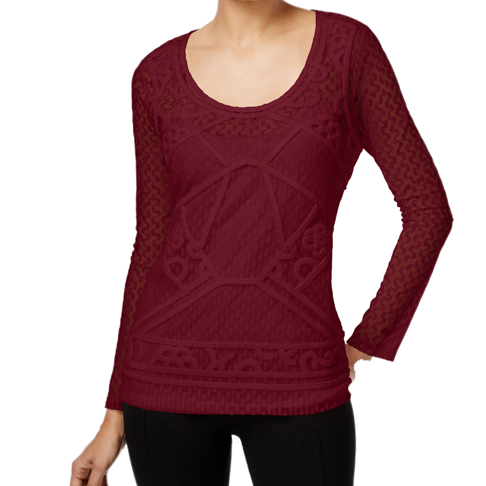 INC International Concepts Women Mixed Media Sheer Top Port