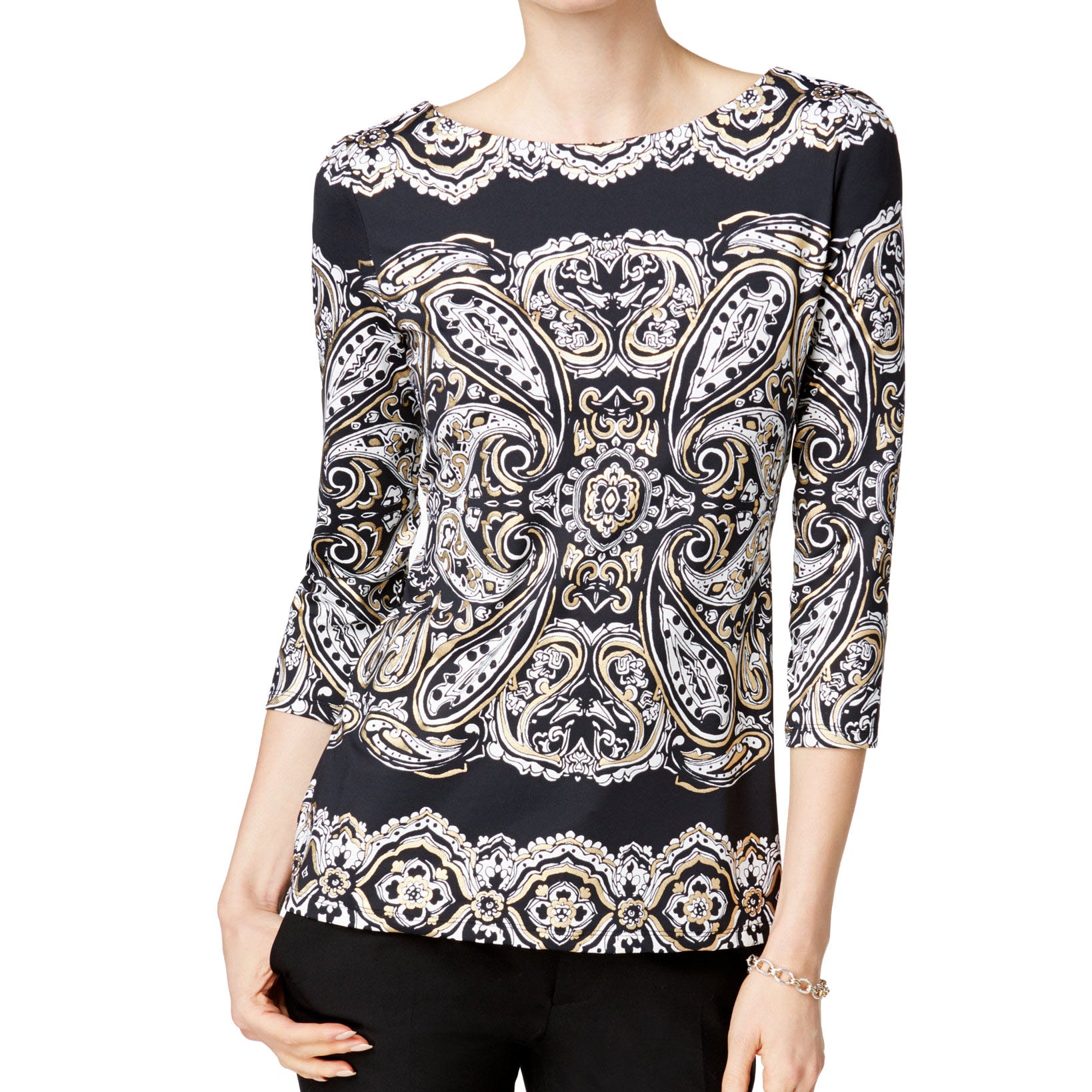 Charter Club Women Printed Boat Neck Top Deep Black Combo