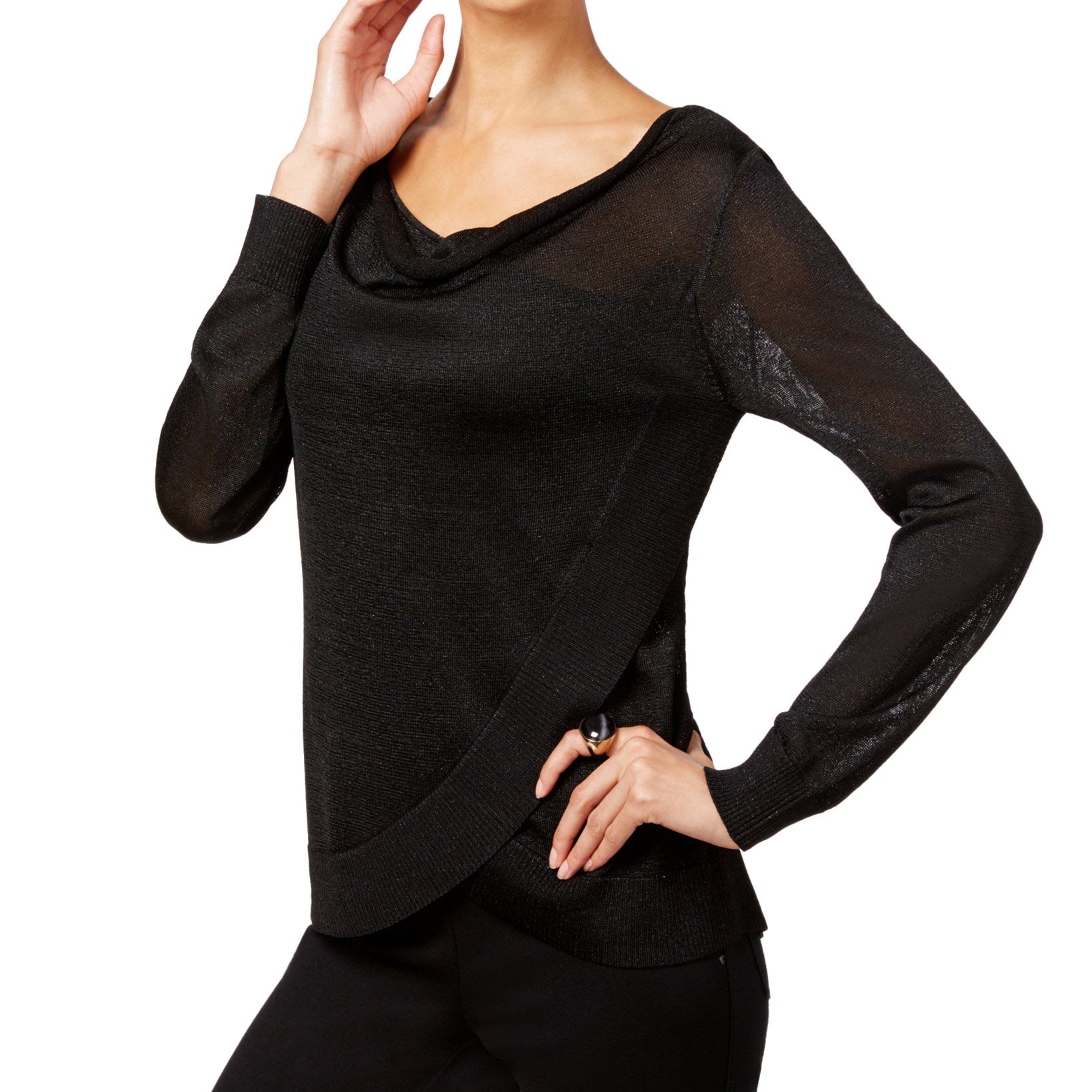 INC International Concepts Women Draped Metallic Sweater Deep Black
