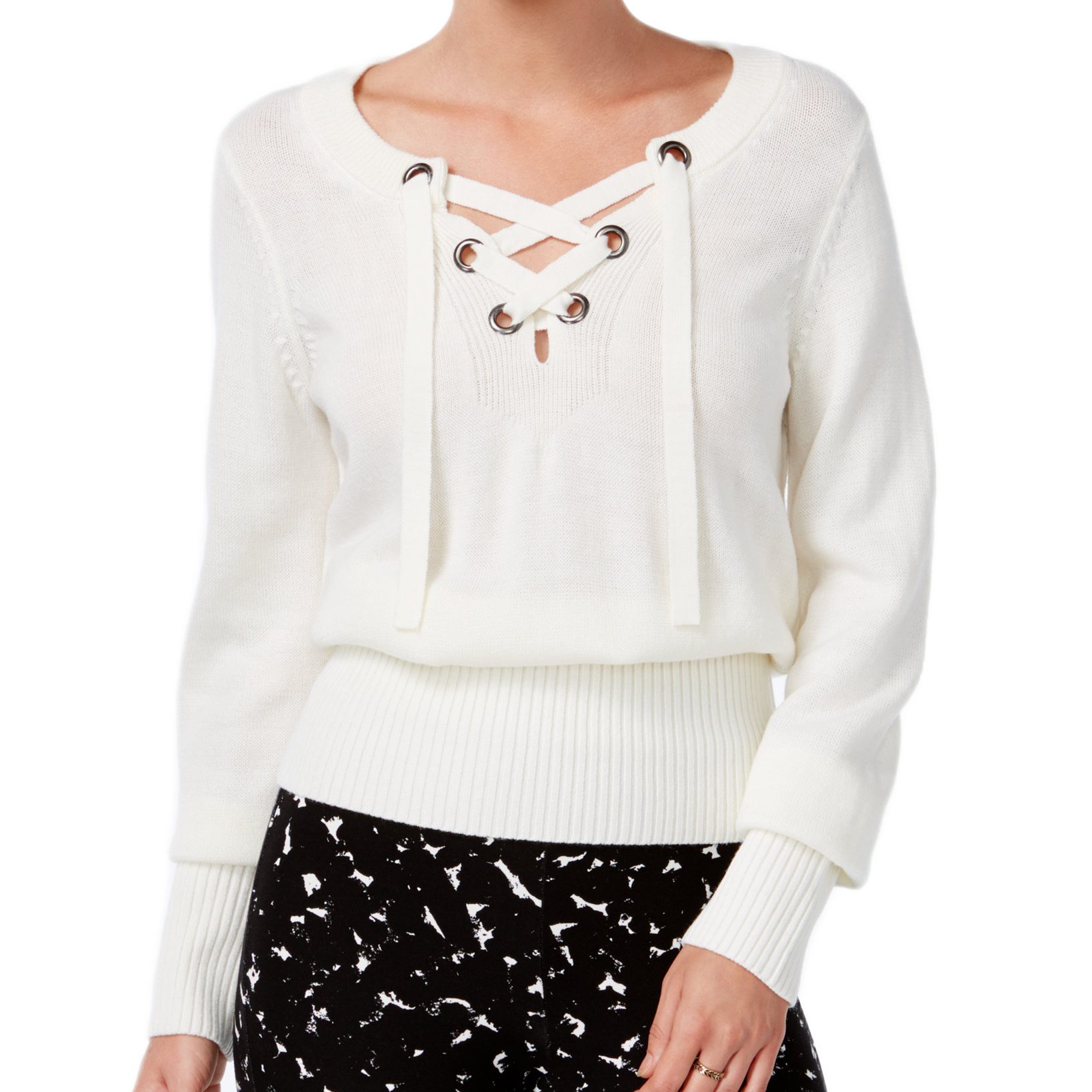 Bar III Women Ribbed Lace Up Sweater Egret