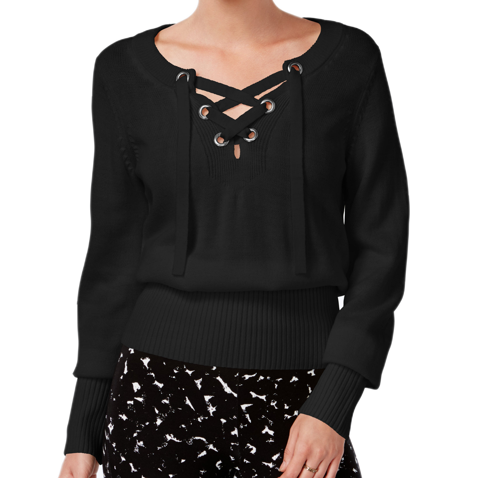 Bar III Women Ribbed Lace Up Sweater Deep Black