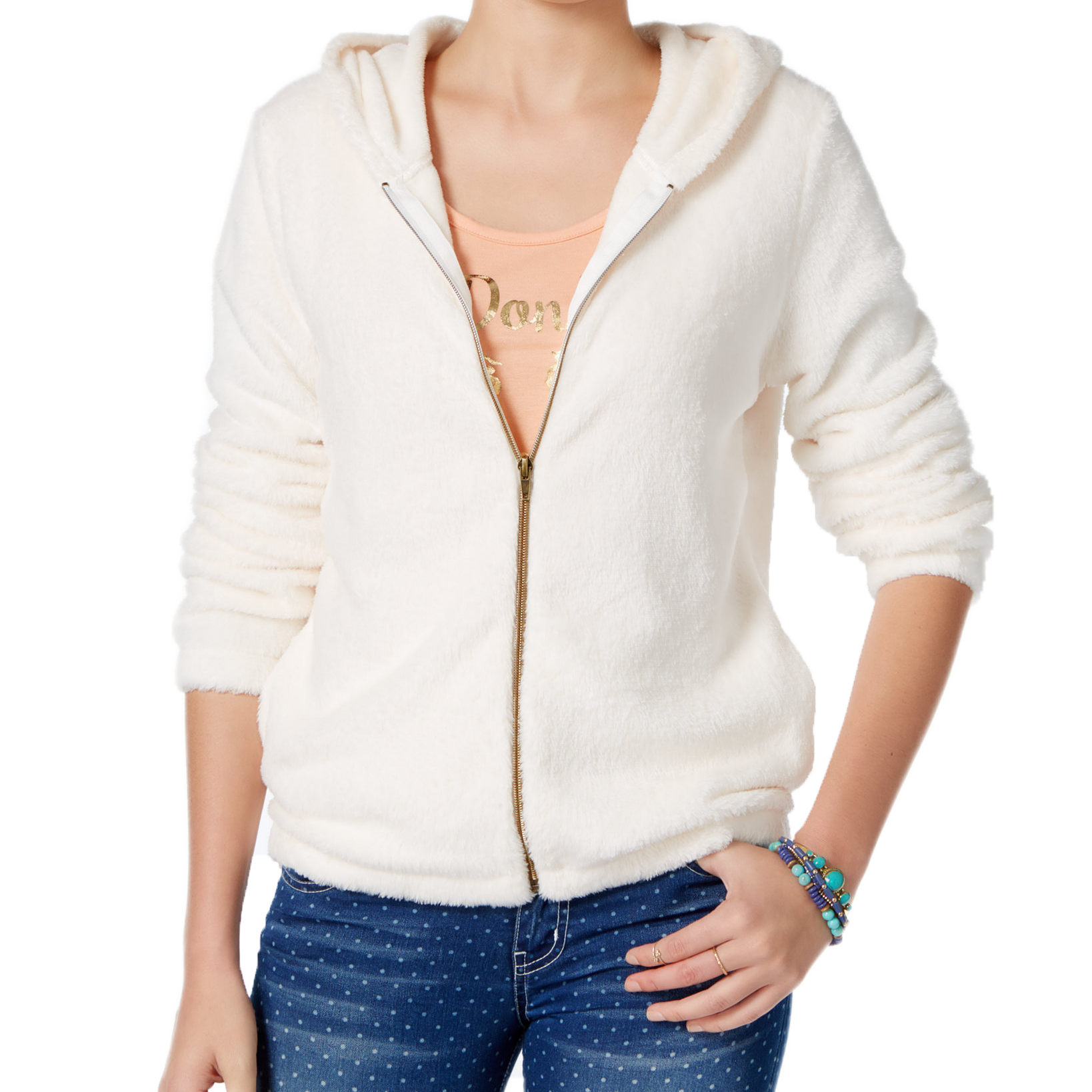 Belle Du Jour Juniors Fuzzy Hoodie Ivory