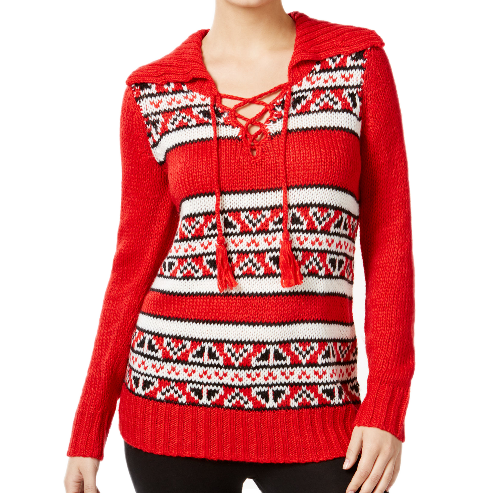 G.H. Bass & Co Women Striped Lace Up Sweater Classic Red Combo