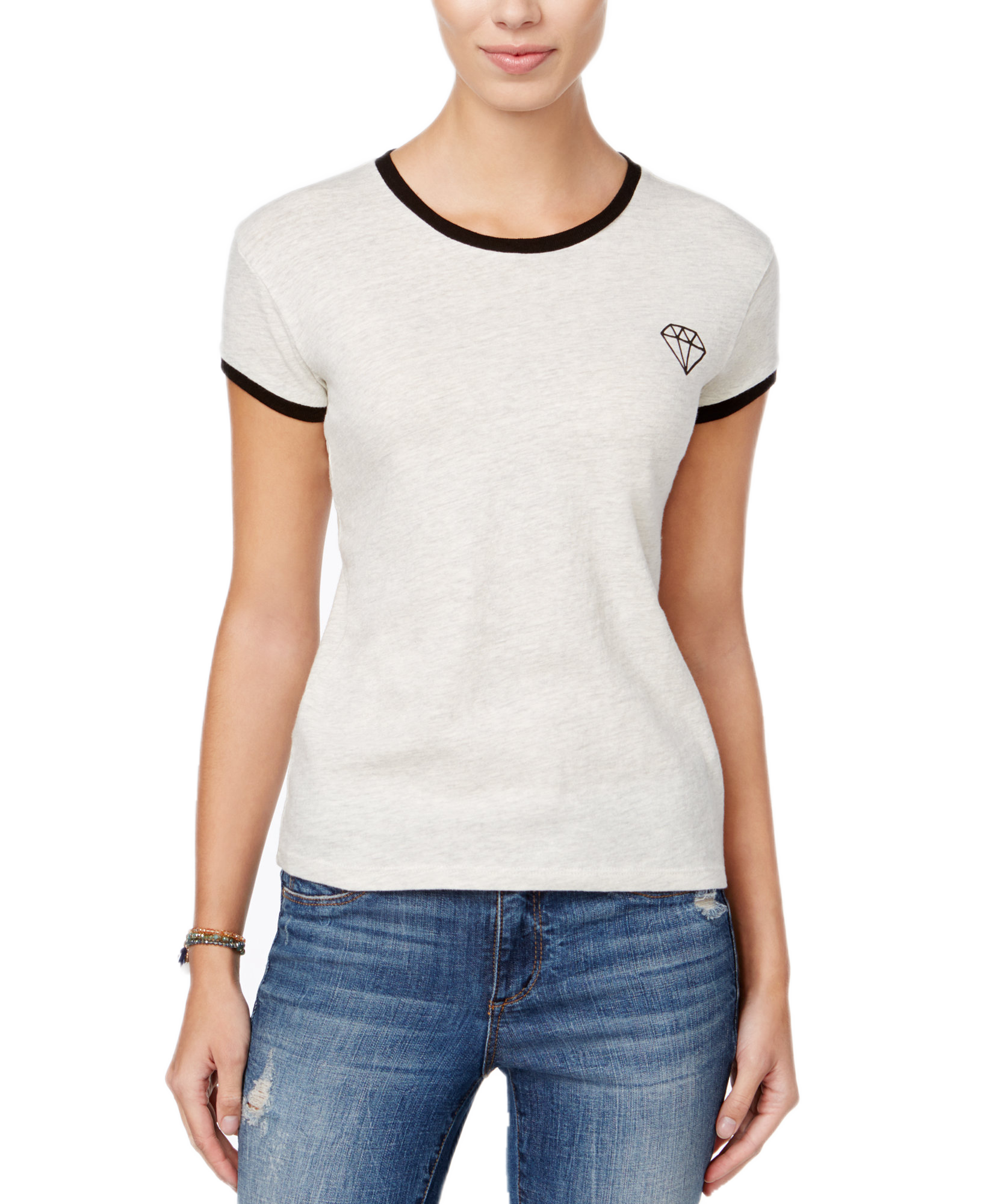 Mighty Fine Juniors Diamond Graphic T Shirt Heather Oatmeal Black