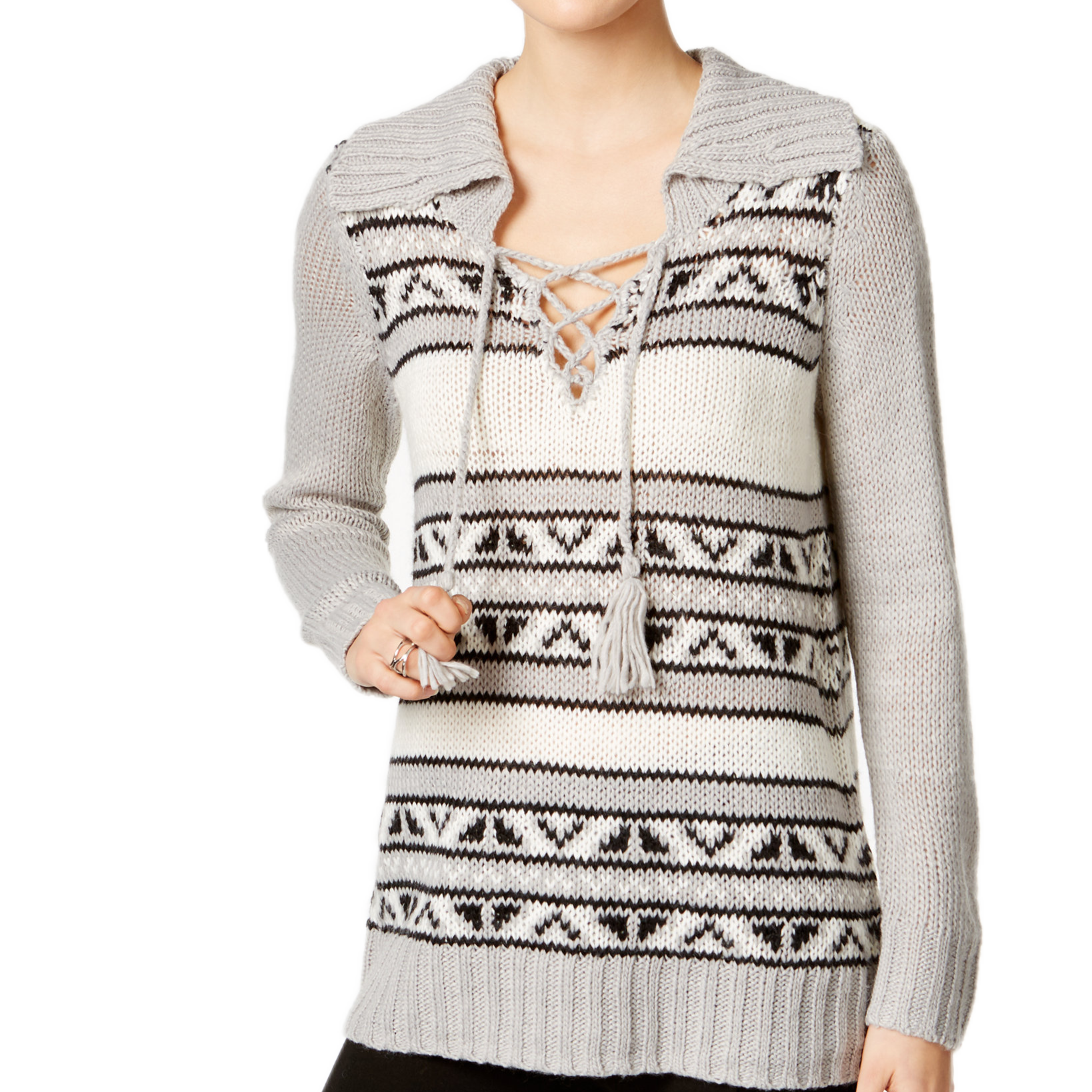 G.H. Bass & Co Women Striped Lace Up Sweater Grey