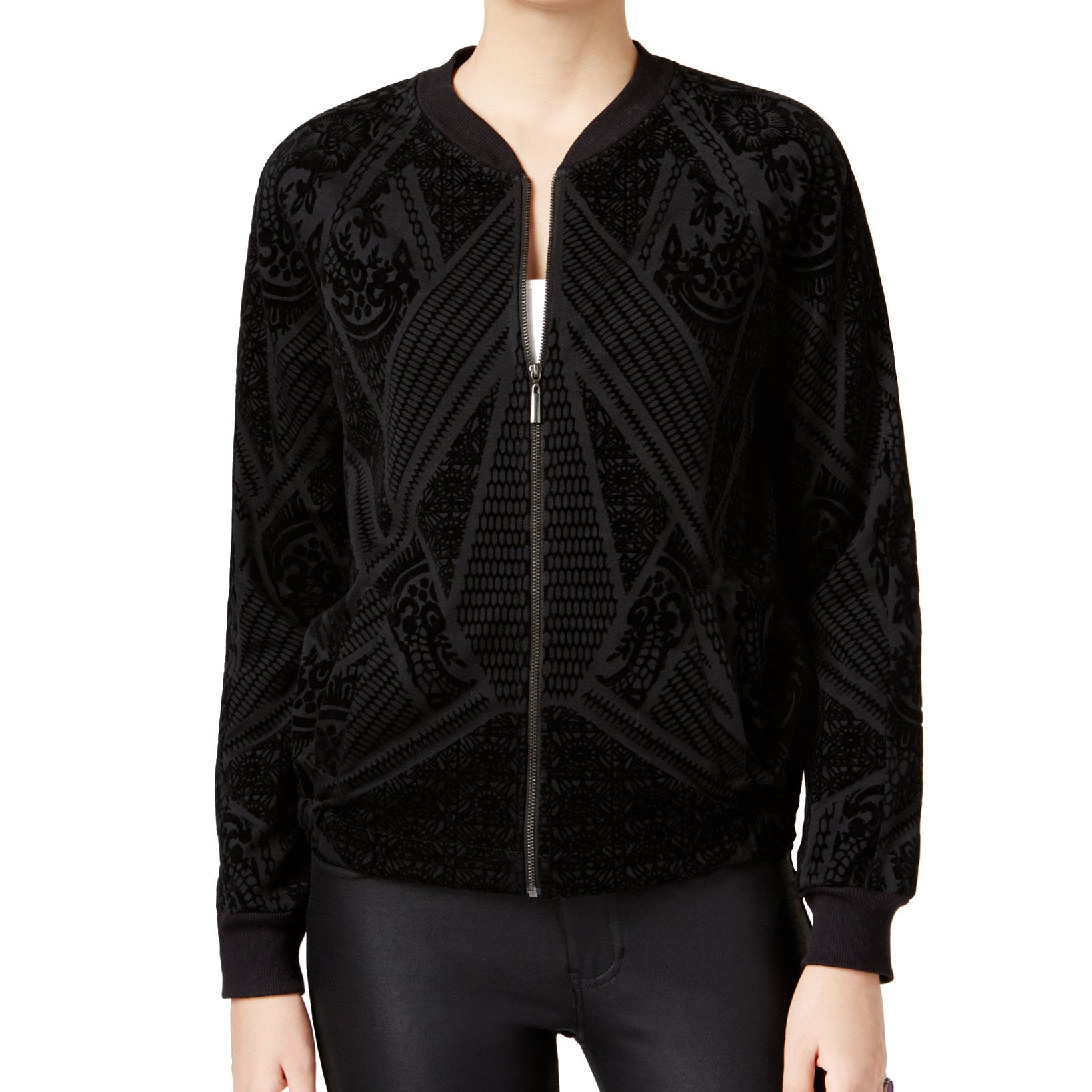 Bar III Women Velvet Bomber Jacket Deep Black