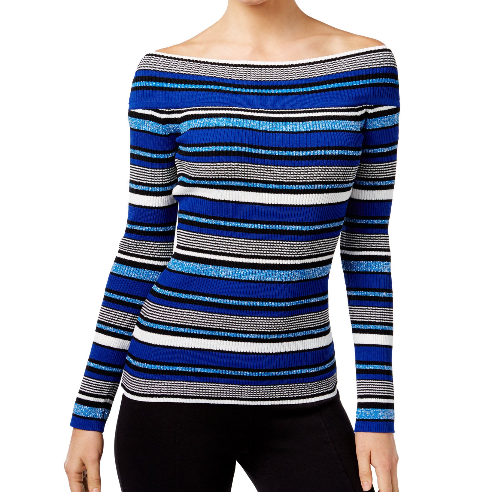 INC International Concepts Women Reversible Off The Shoulder Striped Sweater Goddess Blue