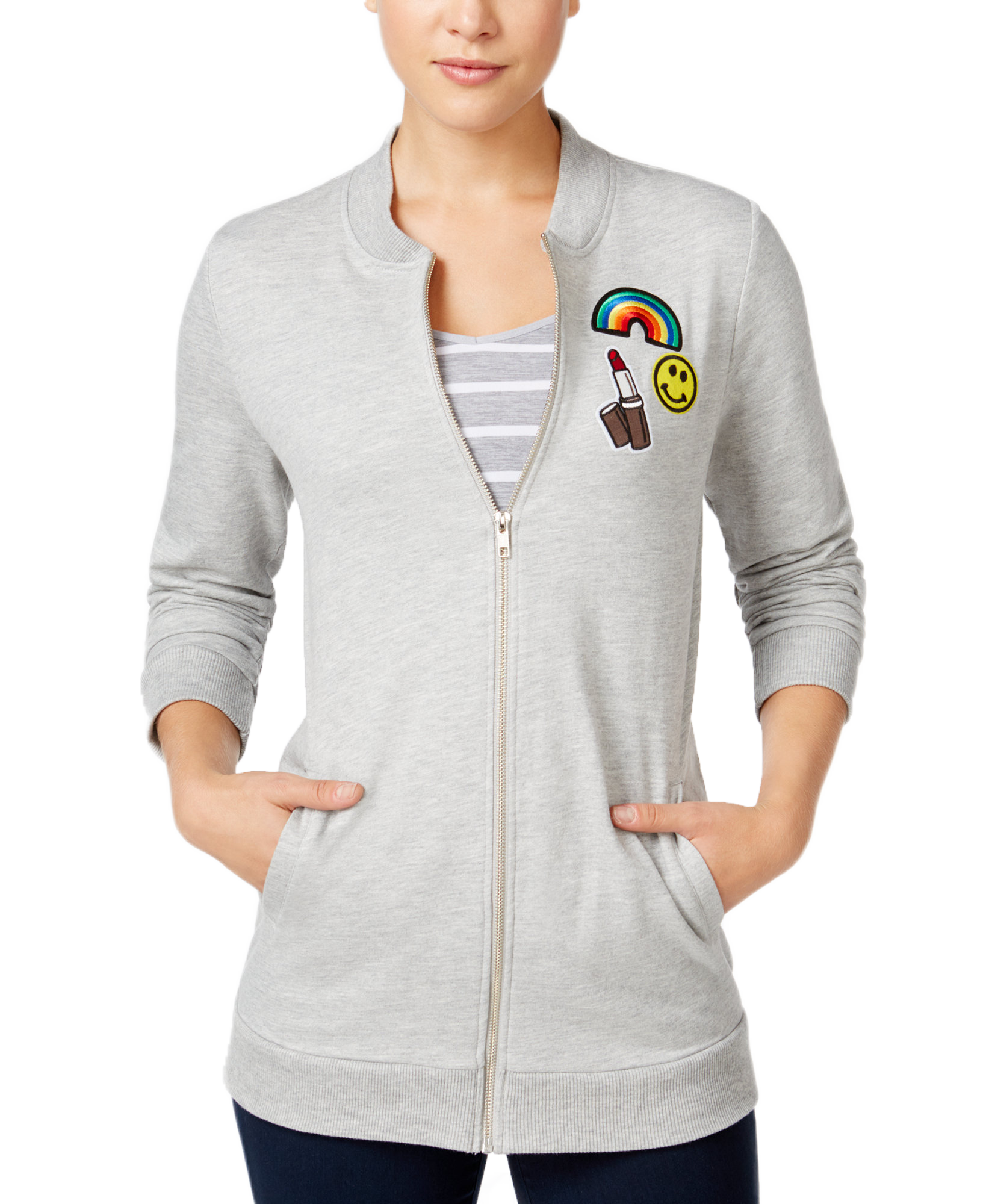 Almost Famous Juniors Patch Trim Tunic Bomber Jacket Light Heather Grey
