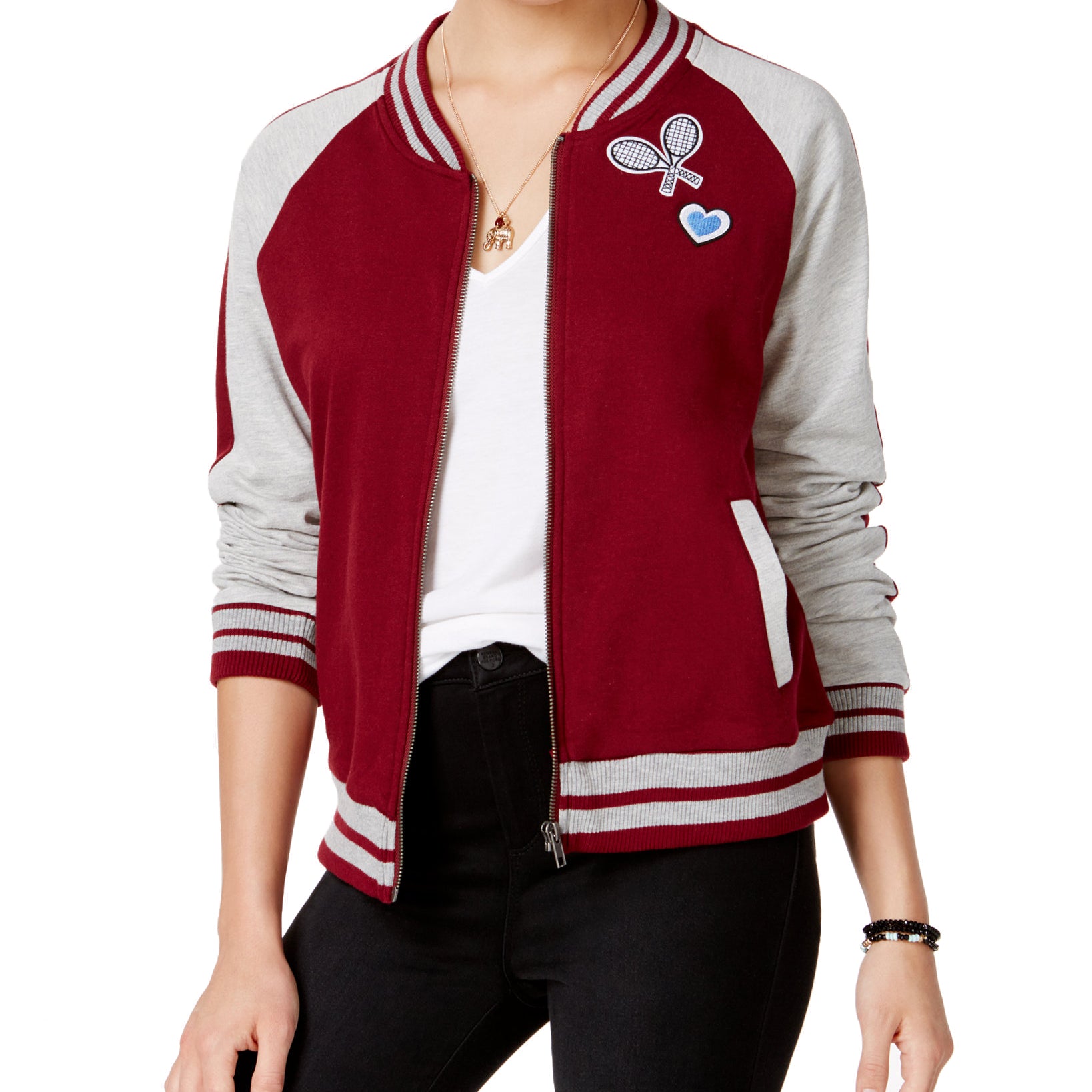 Almost Famous Juniors Patch Knit Bomber Jacket Burgundy