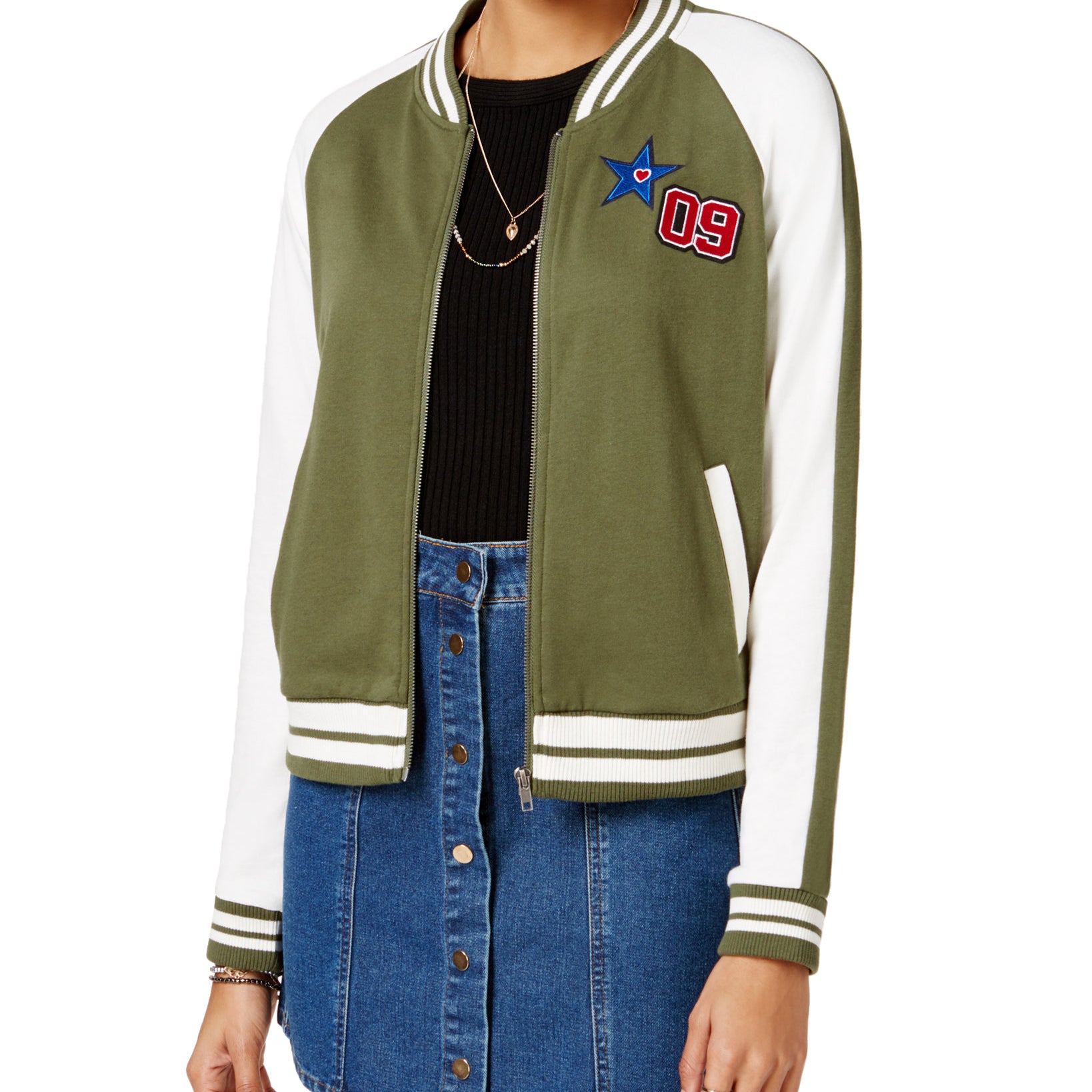 Almost Famous Juniors Patch Knit Bomber Jacket Olive